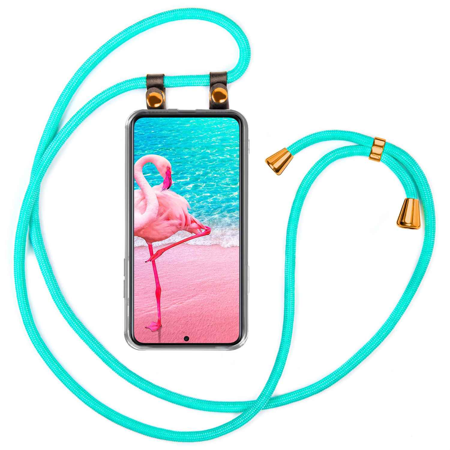 Telefon mit türkisfarbenem Kabel, Flamingo auf dem Bildschirm.