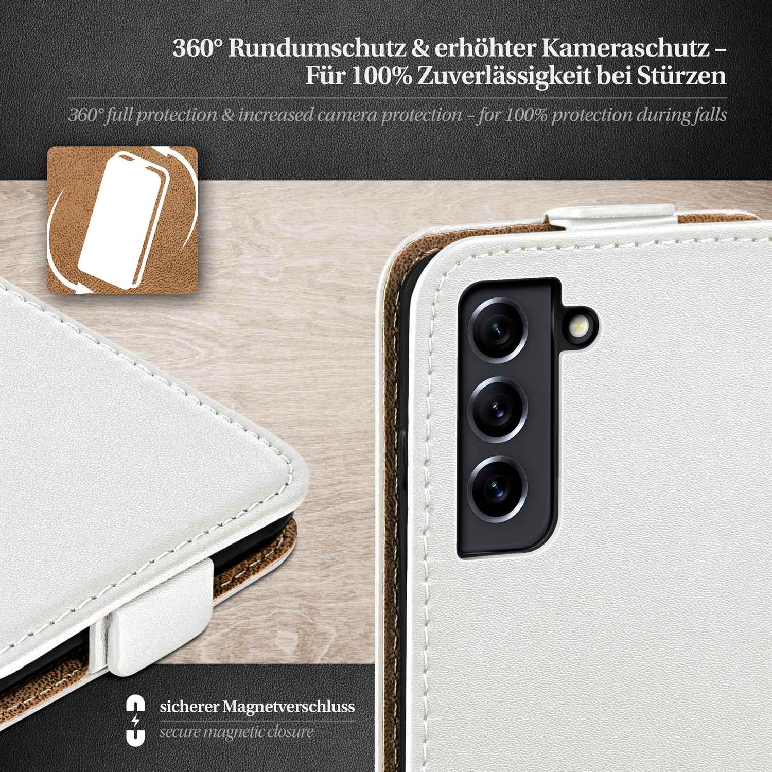 Weiße Handyhülle mit Rückwand. Text lautet 