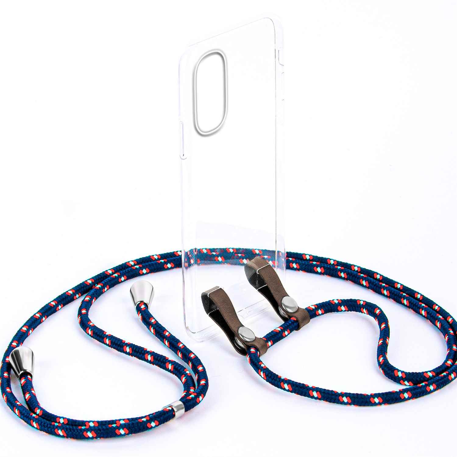 Handyhülle mit blau-rotem geflochtenem Kabel, mit weißem Hintergrund.