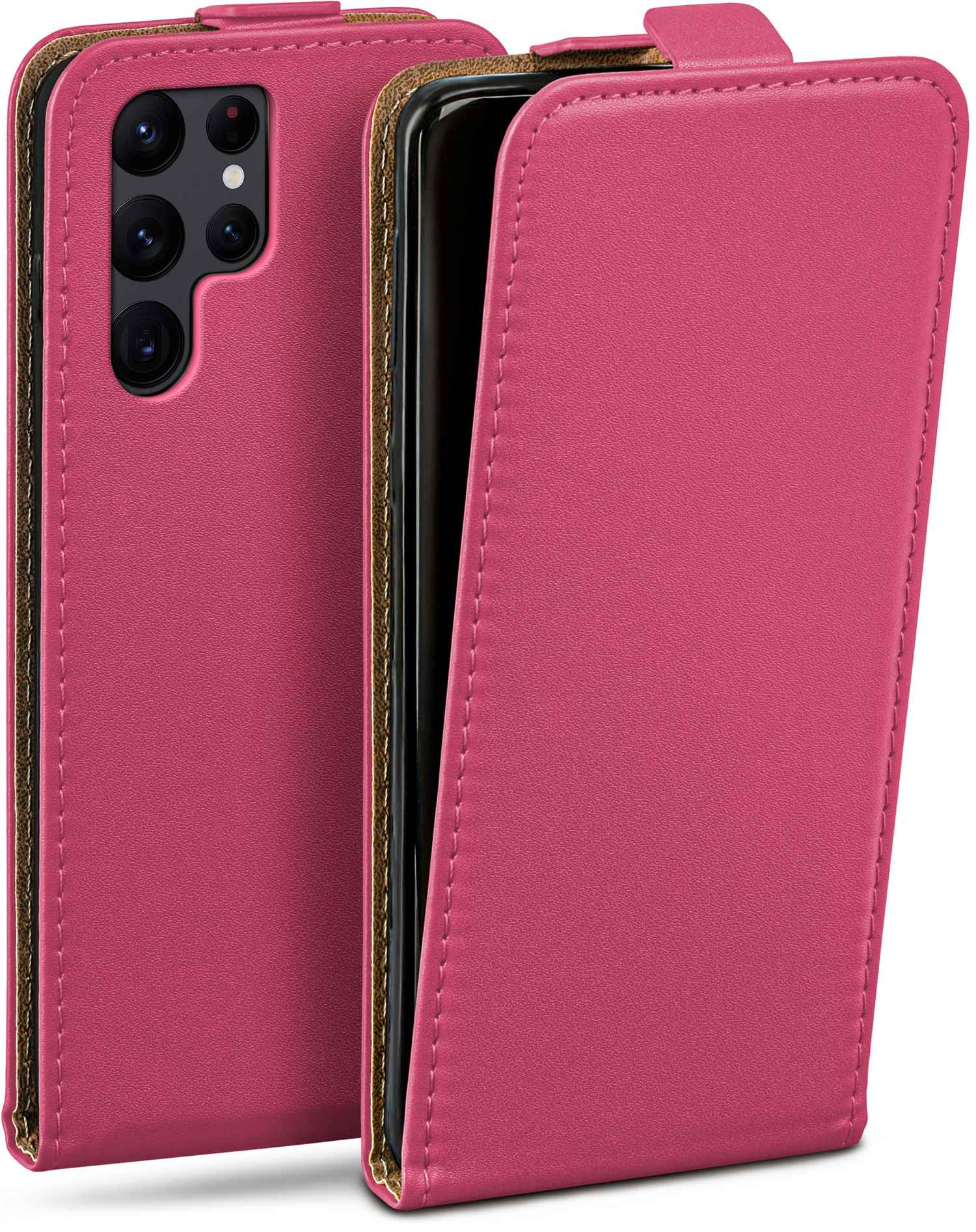 Rosa Handyhülle. Das Telefon ist geöffnet und zeigt den Bildschirm. Die Handyhülle ist rosa.