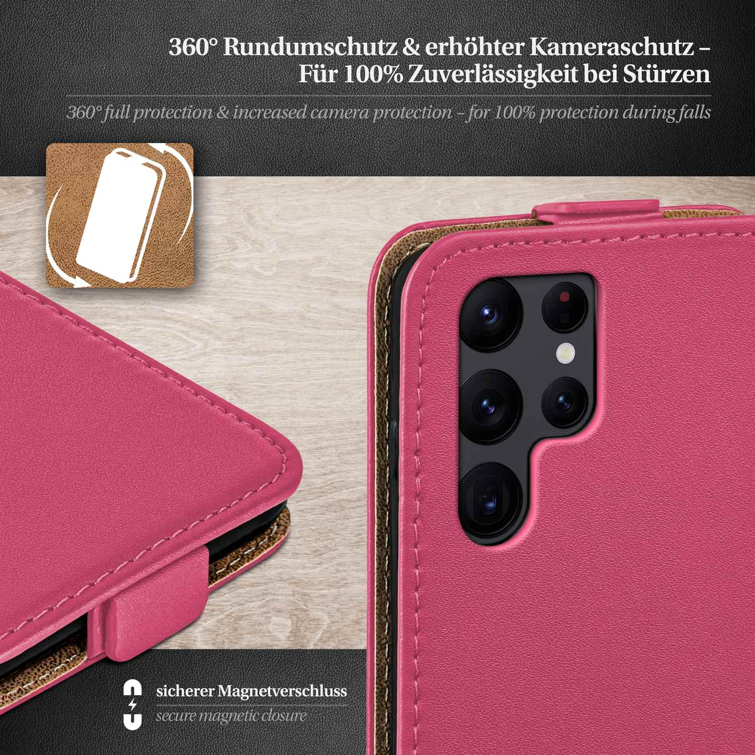 Rosa Handyhülle, offen, zeigt das Innere. Text: '360° Rundumschutz' und 'sicherer Magnetverschluss'.