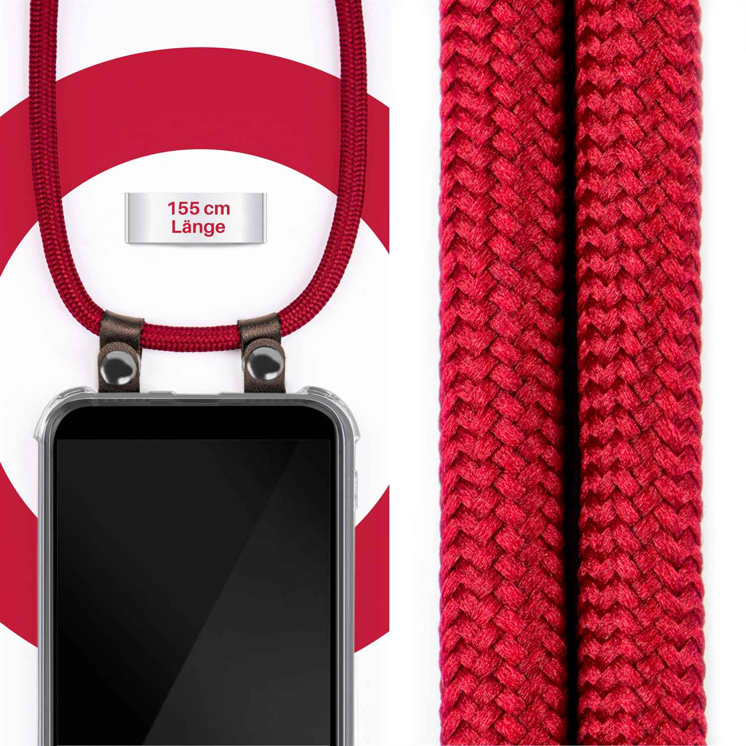 Telefon mit Lanyard und Nahaufnahme des geflochtenen roten Lanyards mit Angabe der Länge.