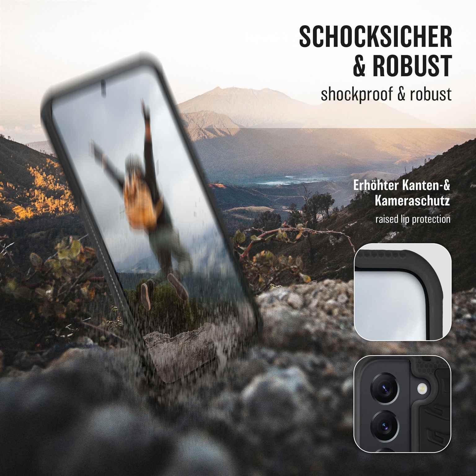 Handyhülle mit einem Telefon darin. Der Text lautet stoßfest und robust.
