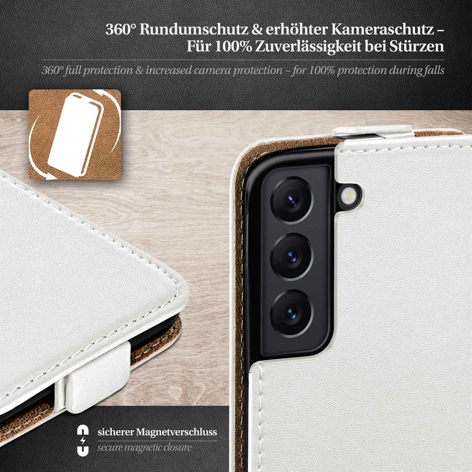Nahaufnahme der Handyhülle mit Text. Text: 360° Rundumschutz, sicherer Magnetverschluss.