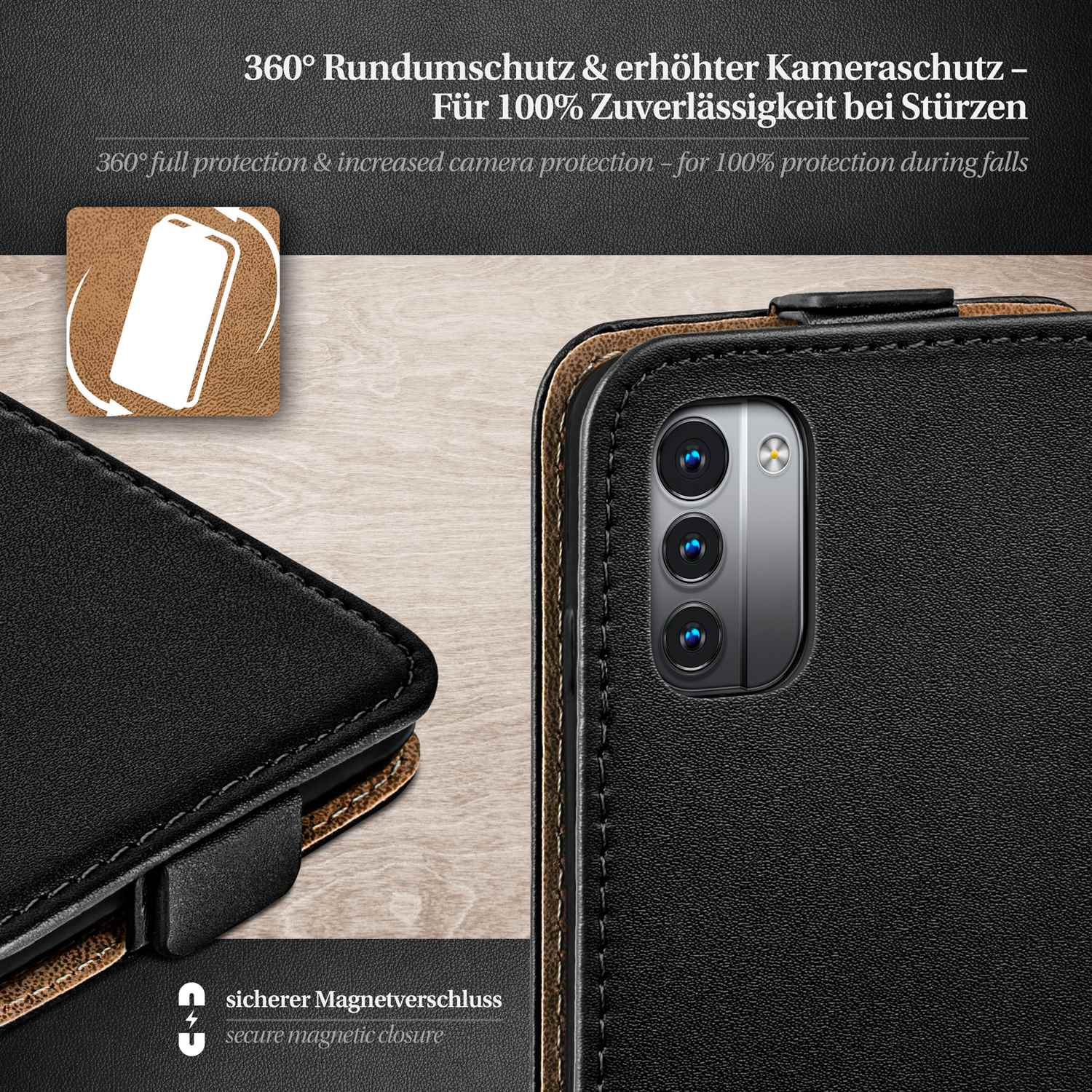 Schwarze Handyhülle mit Magnetverschluss, schwarzem Leder und braunen Zierleisten auf dunklem Hintergrund.
