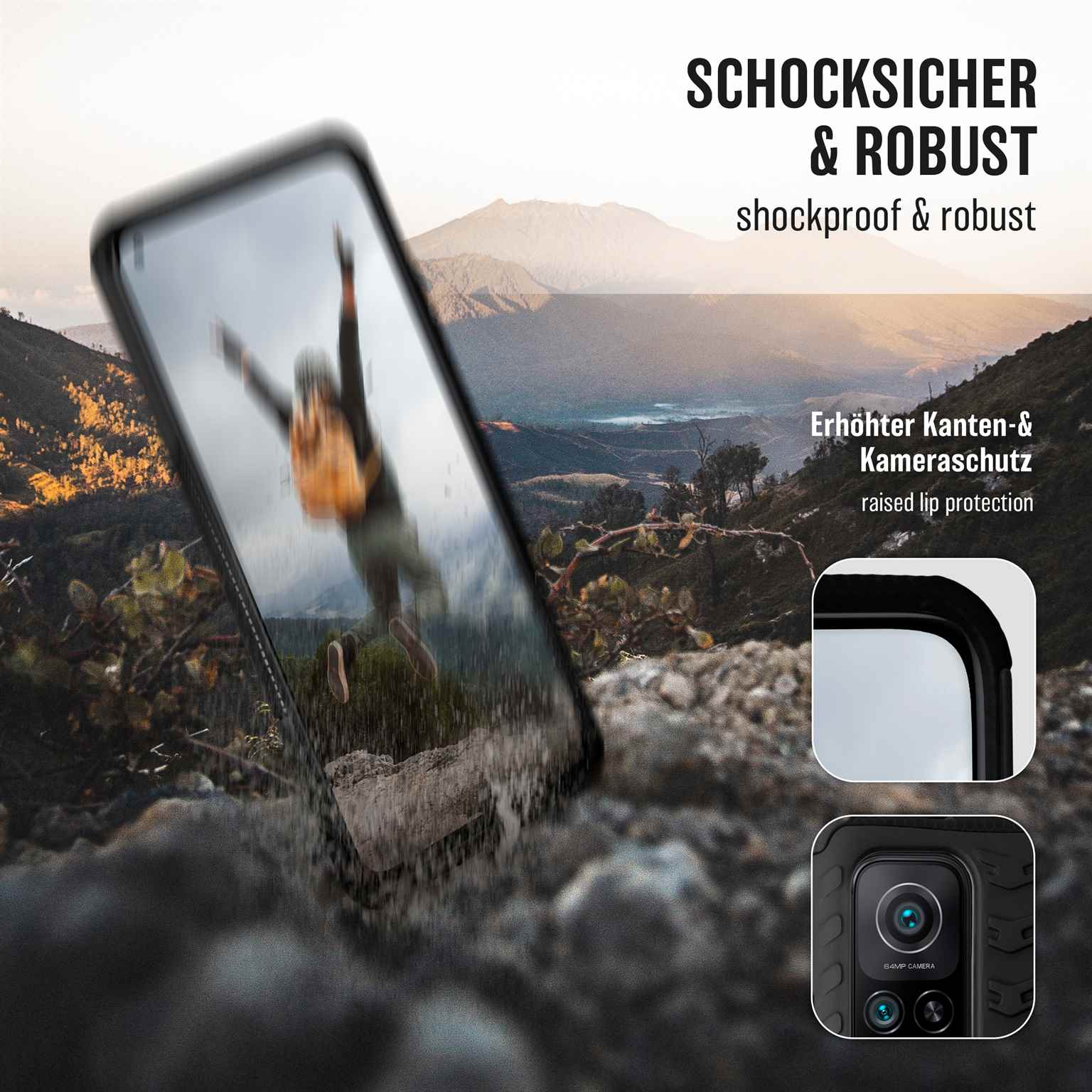 Ein Telefon in einer schwarzen Hülle mit erhöhten Kanten im Hintergrund. Die Worte 'stoßfest & robust' sind sichtbar.