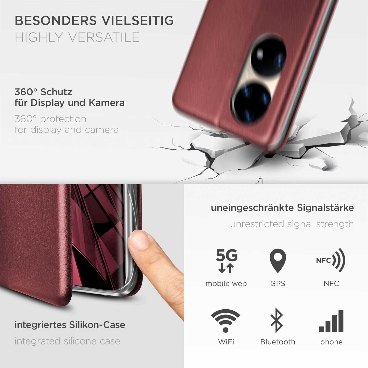 Handyhülle mit dem Text 'BESONDERS VIELSEITIG, HIGHLY VERSATILE' und verschiedenen Symbolen.