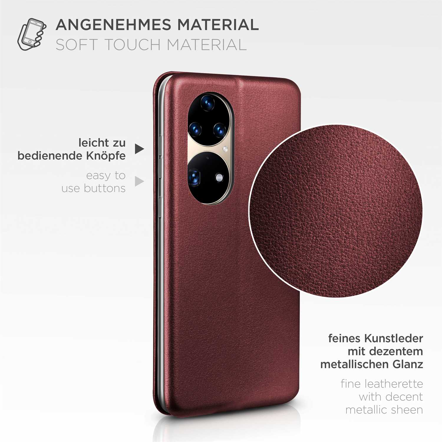 Burgunderfarbenes Handycase mit Text und Zoom-Detail auf Kunstleder.