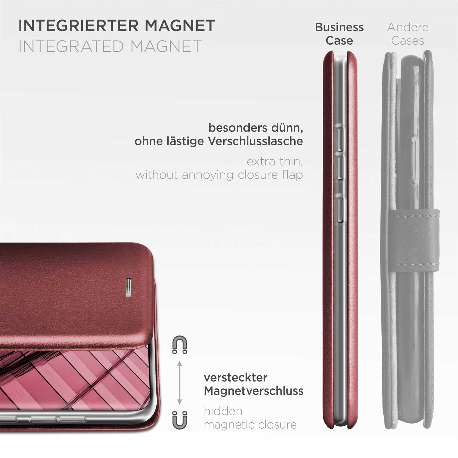 Handyhülle mit integriertem Magneten, extra dünn, versteckter Magnetverschluss.