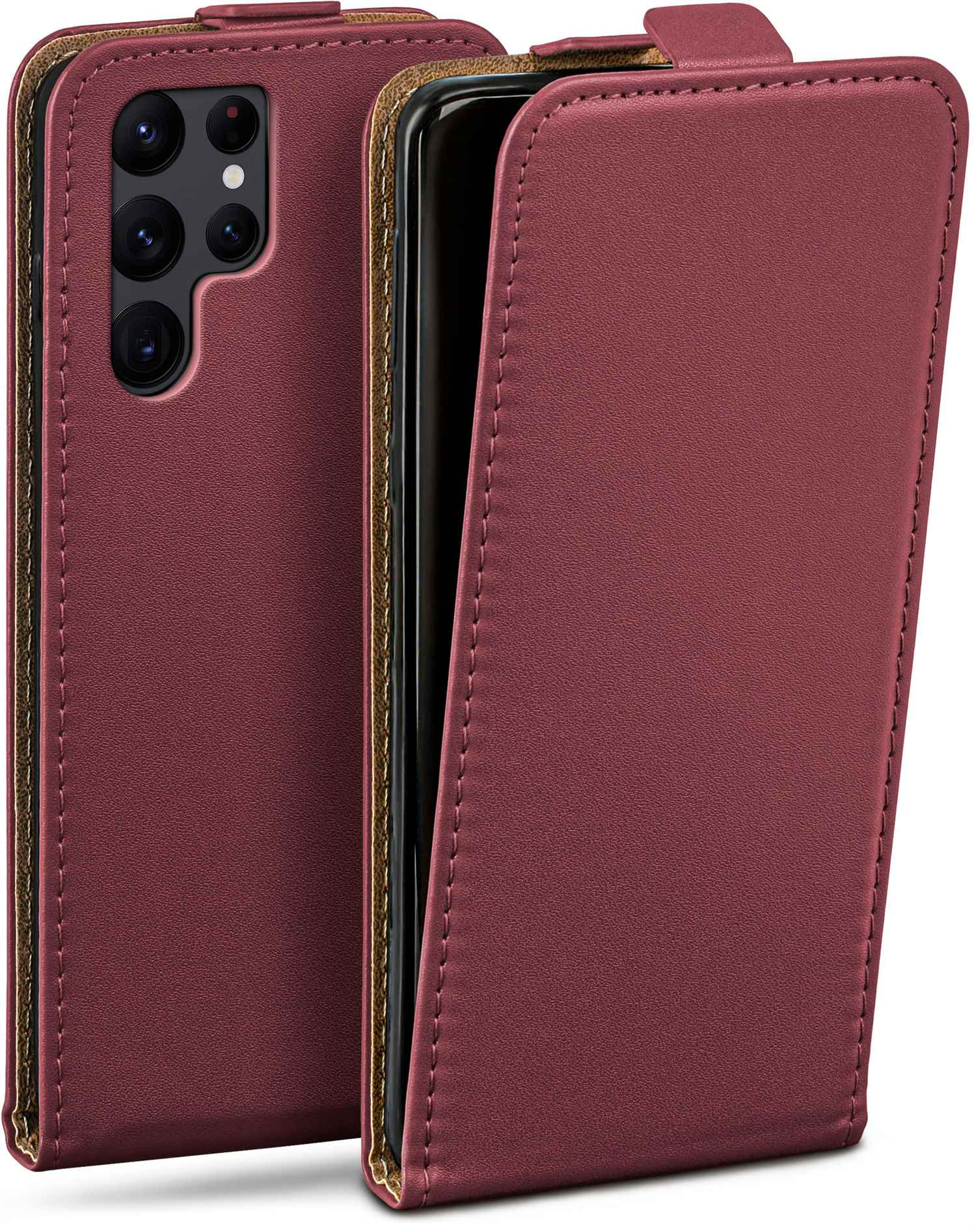 Eine weinrote Handyhülle, geöffnet, um das Telefon im Inneren zu zeigen. Die Hülle ist im Folio-Stil gehalten.