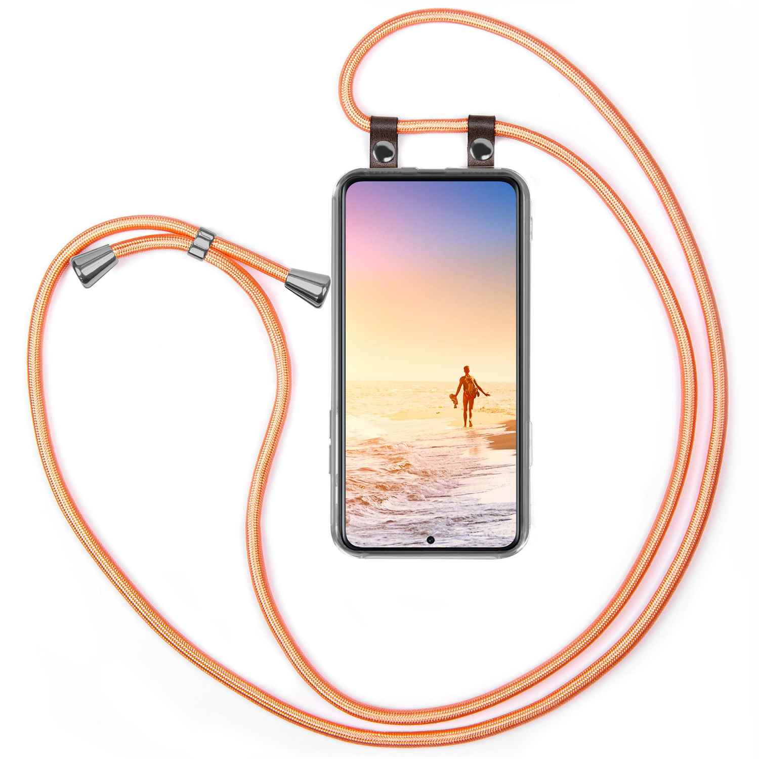 Orangefarbenes Telefon-Umhängeband mit einem Telefon, das eine Strandszene zeigt.