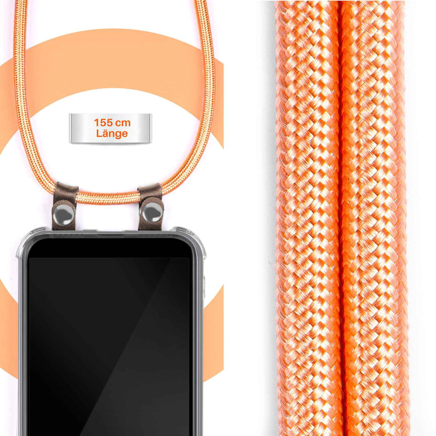 Eine Handyhülle mit einem Telefon darin. Die Hülle ist orange und hat ein weißes Etikett mit der Aufschrift 155 cm.