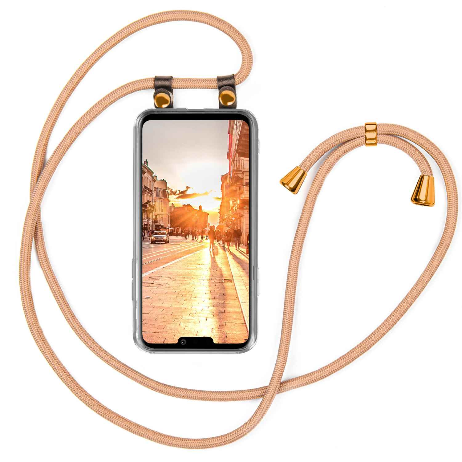 Telefon mit Straßenfoto, beigefarbene Kordel mit goldenen Details.