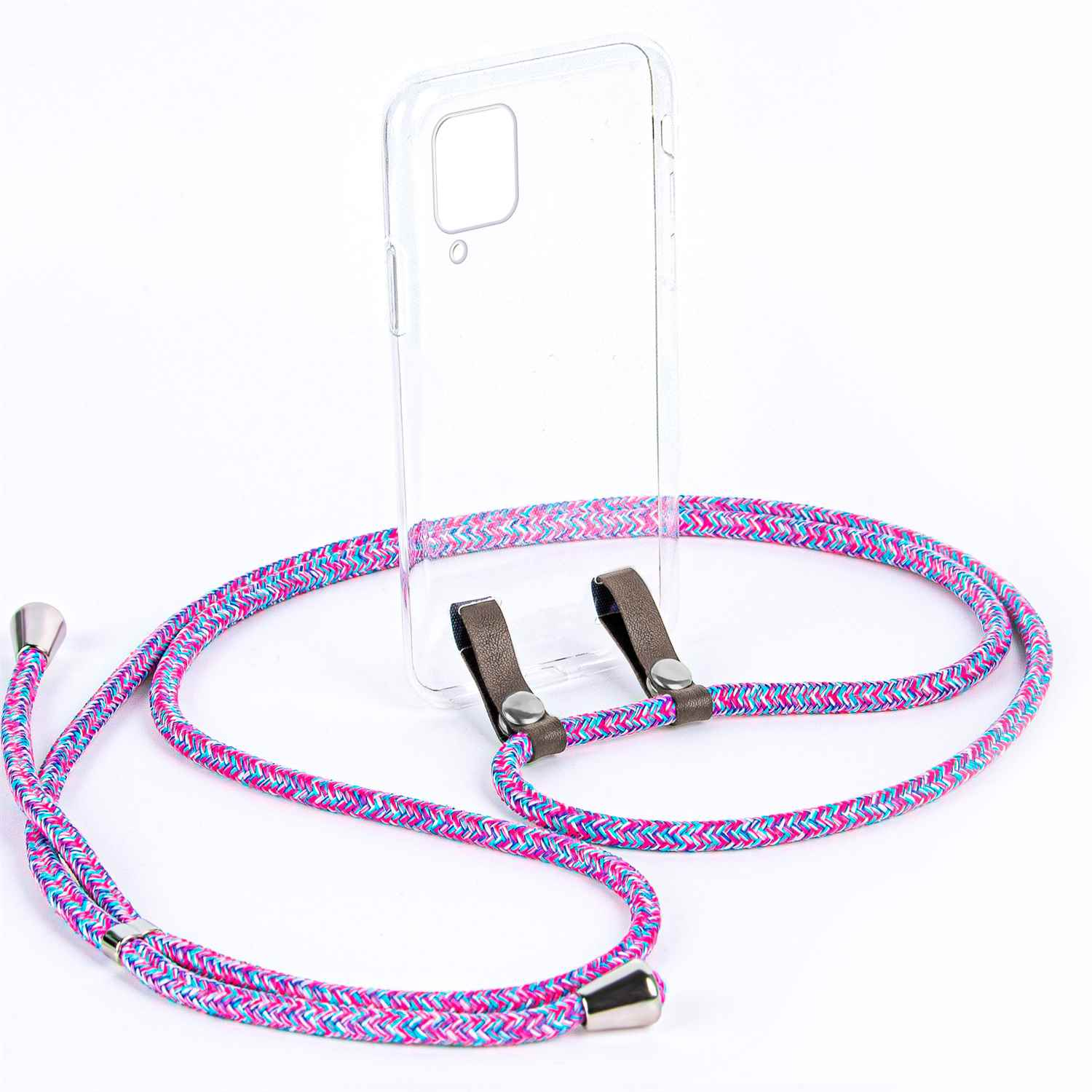 Transparente Handyhülle mit einer pink-blauen Kordel. Der Hintergrund ist weiß.