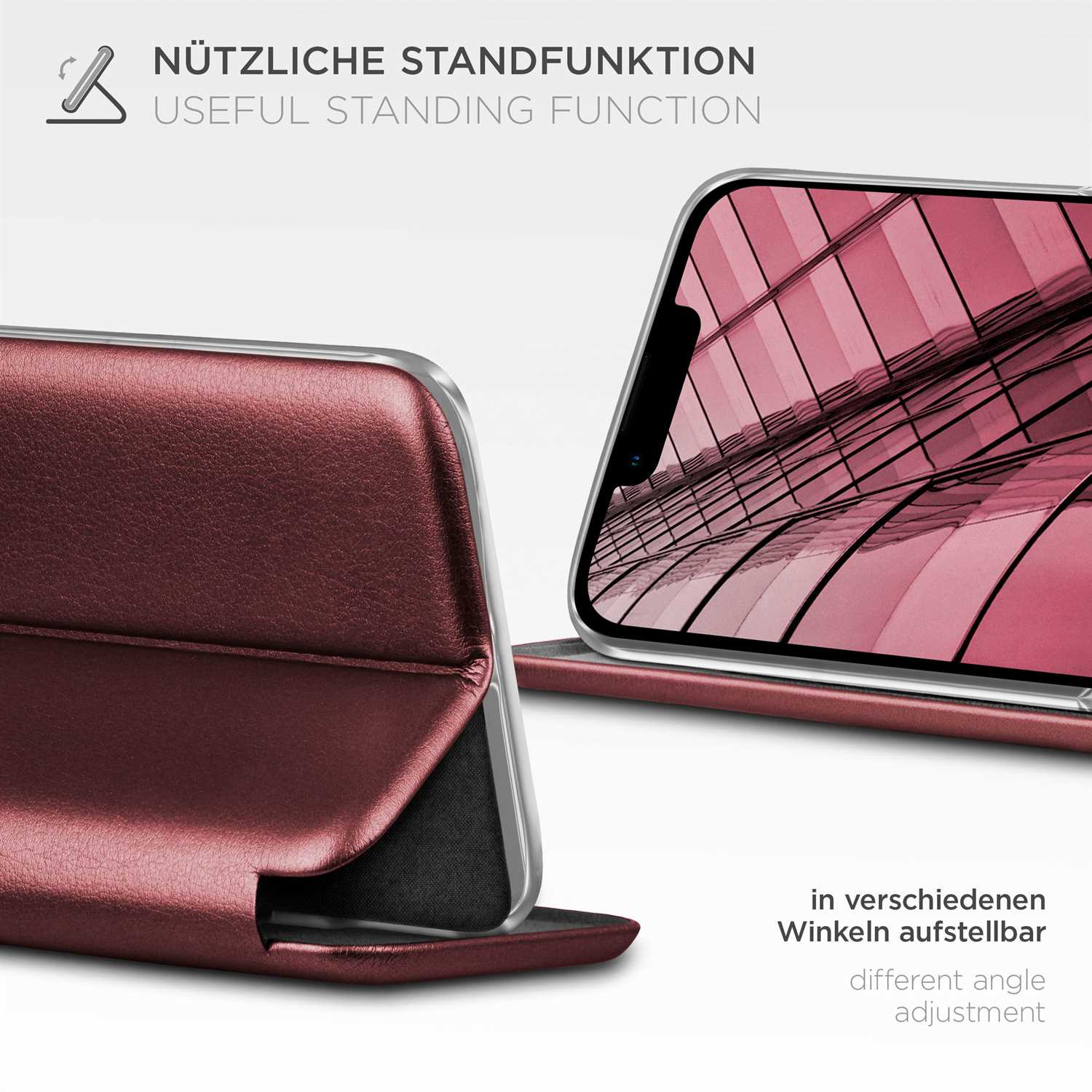 Eine Handyhülle mit bordeauxroter Abdeckung wird in einem Winkel gezeigt, mit einem anderen Gehäuse.