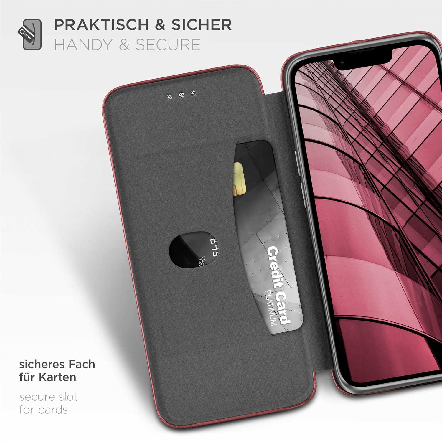 Eine Handyhülle mit offenem Kreditkartenfach. Text: „handlich & sicher“.