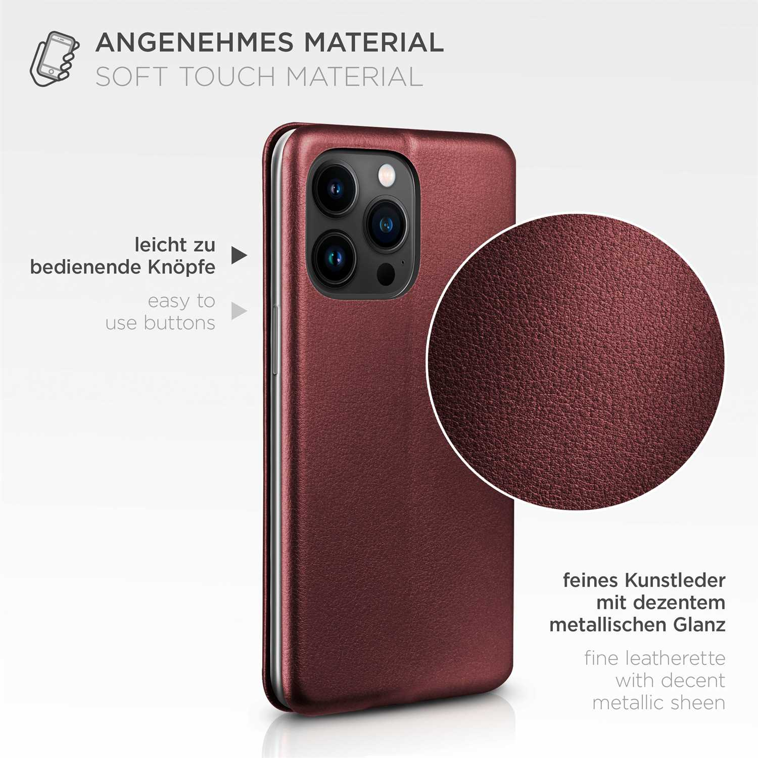 Burgunderfarbene Handyhülle mit Nahaufnahme. Text: Weiches Material und feines Kunstleder.