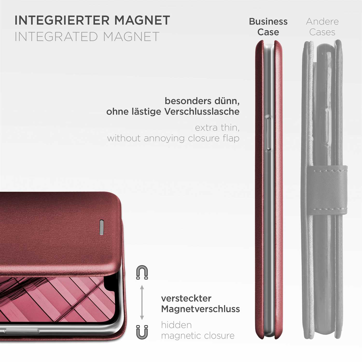Eine weinrote Handyhülle mit integriertem Magneten, geschlossen und offen, mit anderen Hüllen.
