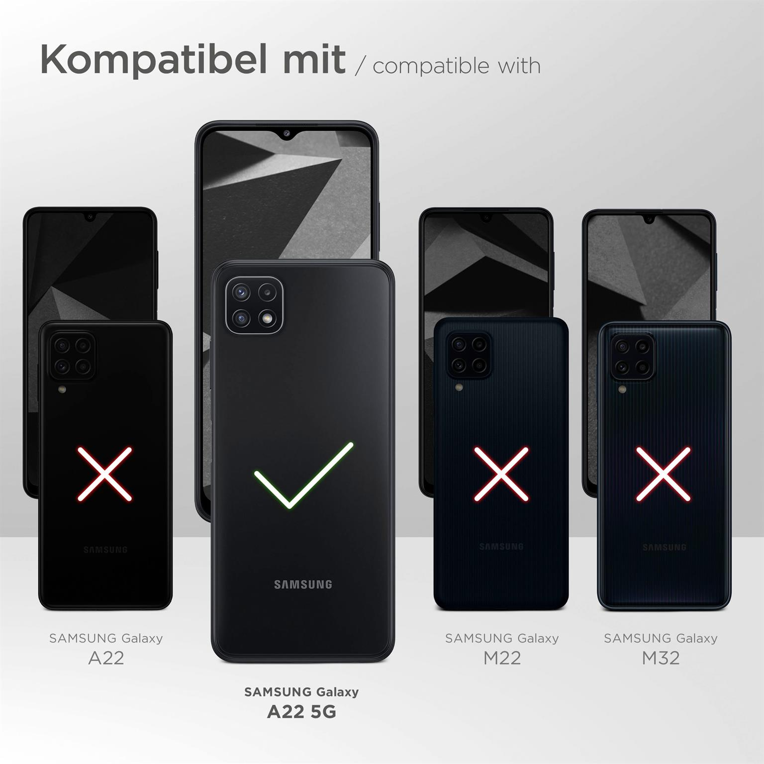 Telefone mit verschiedenen Designs. Das Modell A22 5G ist als kompatibel markiert.