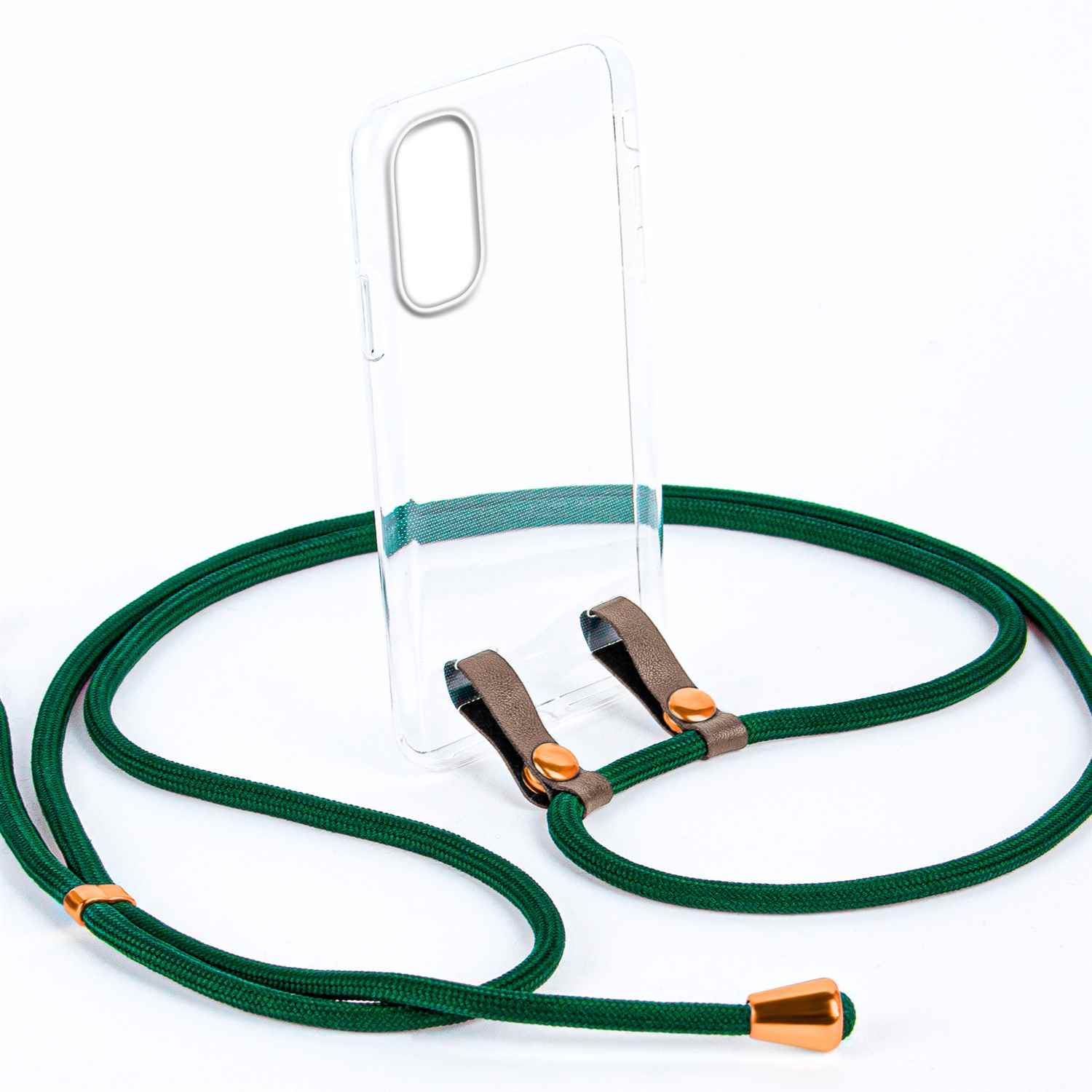 Klare Handyhülle mit grünem Lanyard, Lederaufsätzen und goldenen Akzenten. Weißer Hintergrund.