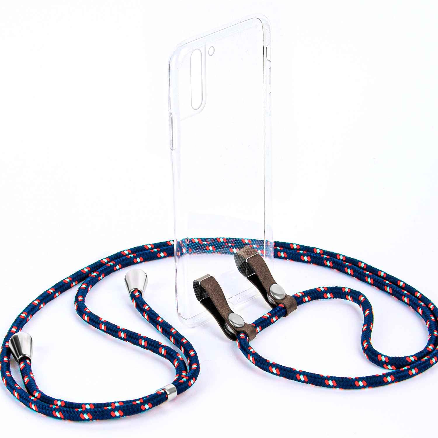 Transparente Handyhülle mit blau-rotem Lanyard auf weißem Hintergrund.