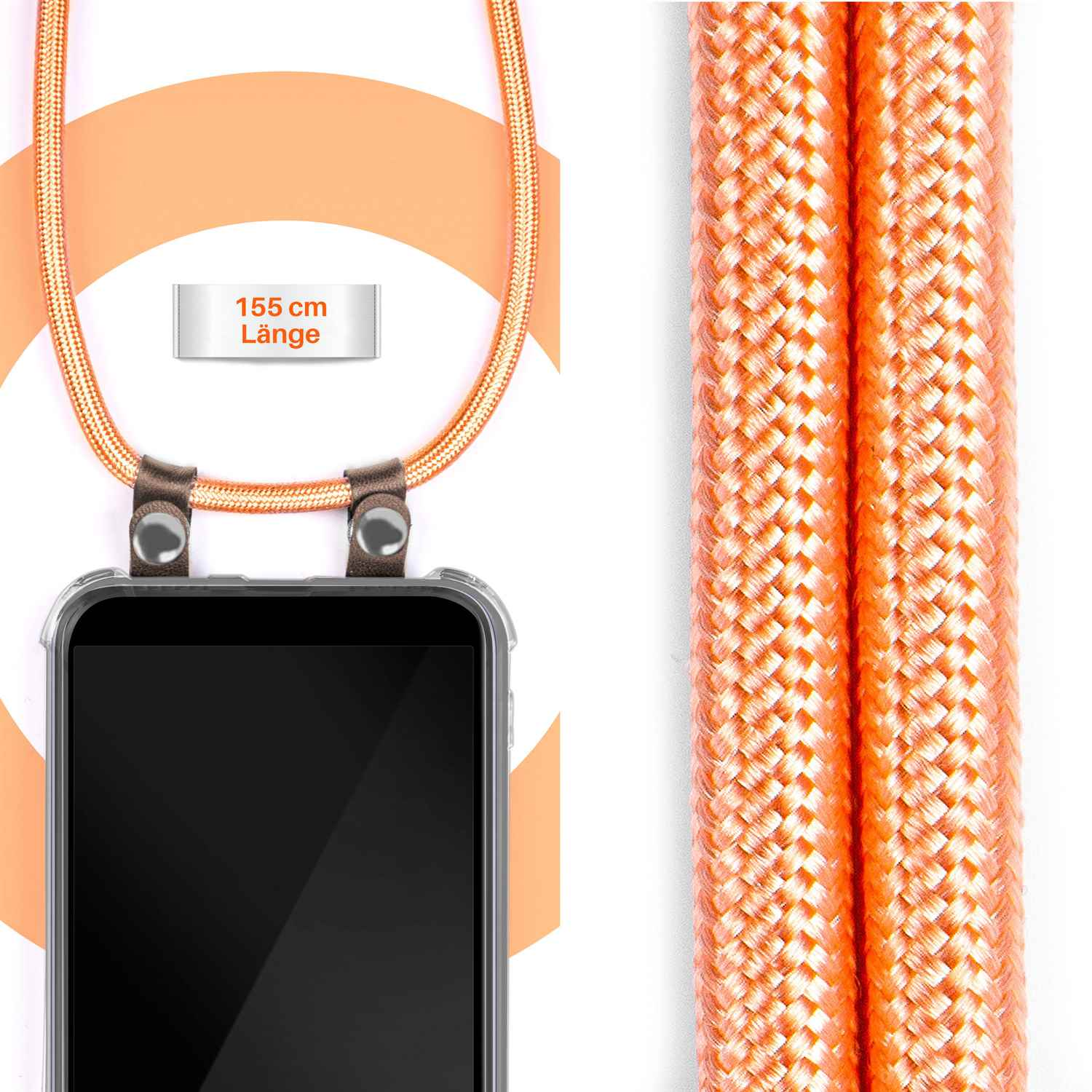 Ein Telefon mit einem Lanyard. Das Lanyard ist orange. Es gibt ein Etikett mit der Aufschrift 155 cm Länge.