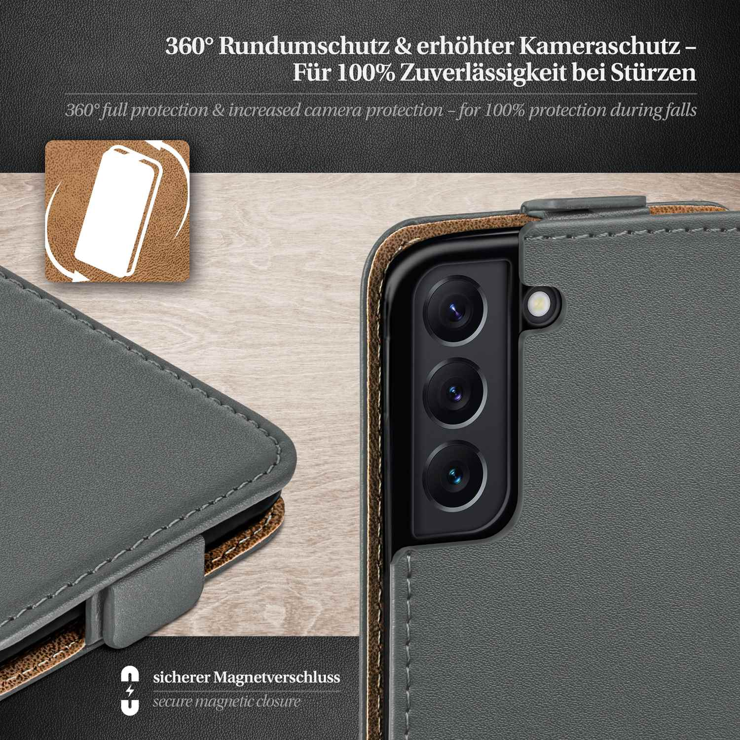 Nahaufnahme einer Handyhülle mit Text zum Schutz. Es zeigt ein Telefon und den Magnetverschluss.