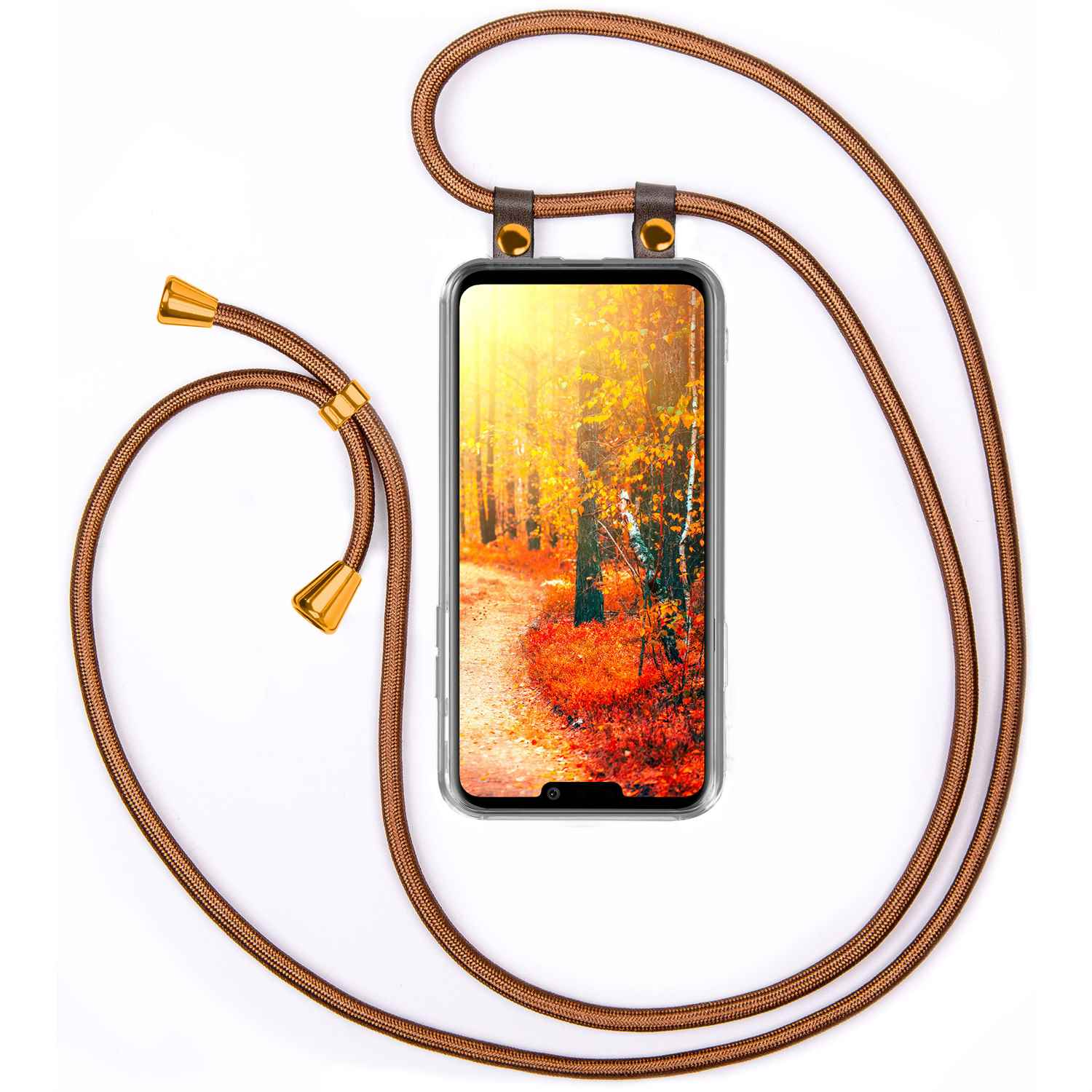 Telefon mit Waldszene. Braunes Seil, goldene Details, weißer Hintergrund.