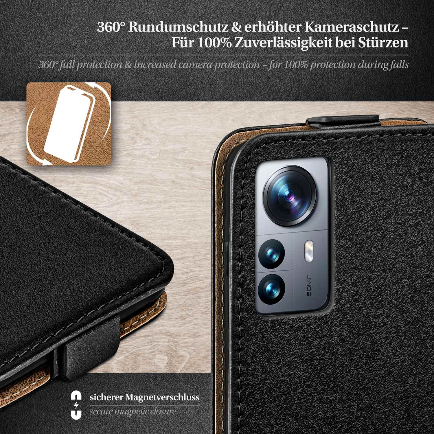 Nahaufnahme einer schwarzen Handyhülle mit Kamera und Magnetverschluss, mit Text.
