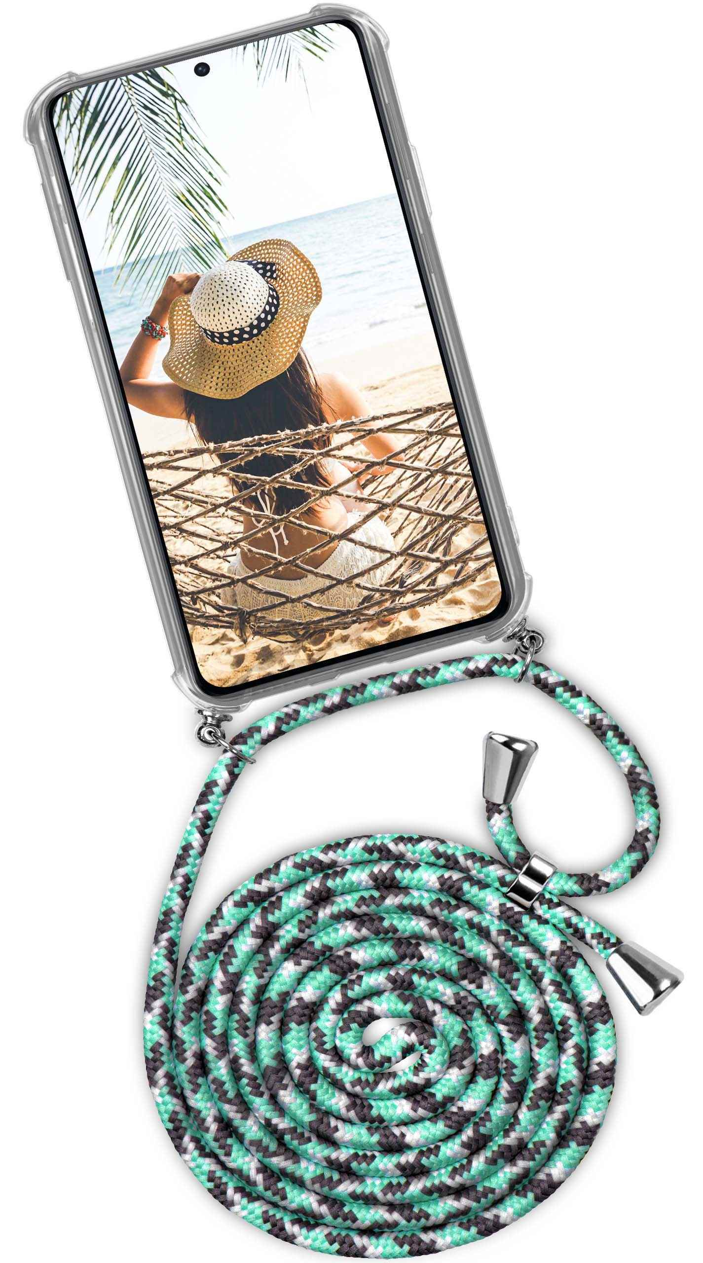 Handyhülle mit Strandszene. Türkis, schwarzes, weißes Kabel mit silbernen Akzenten.