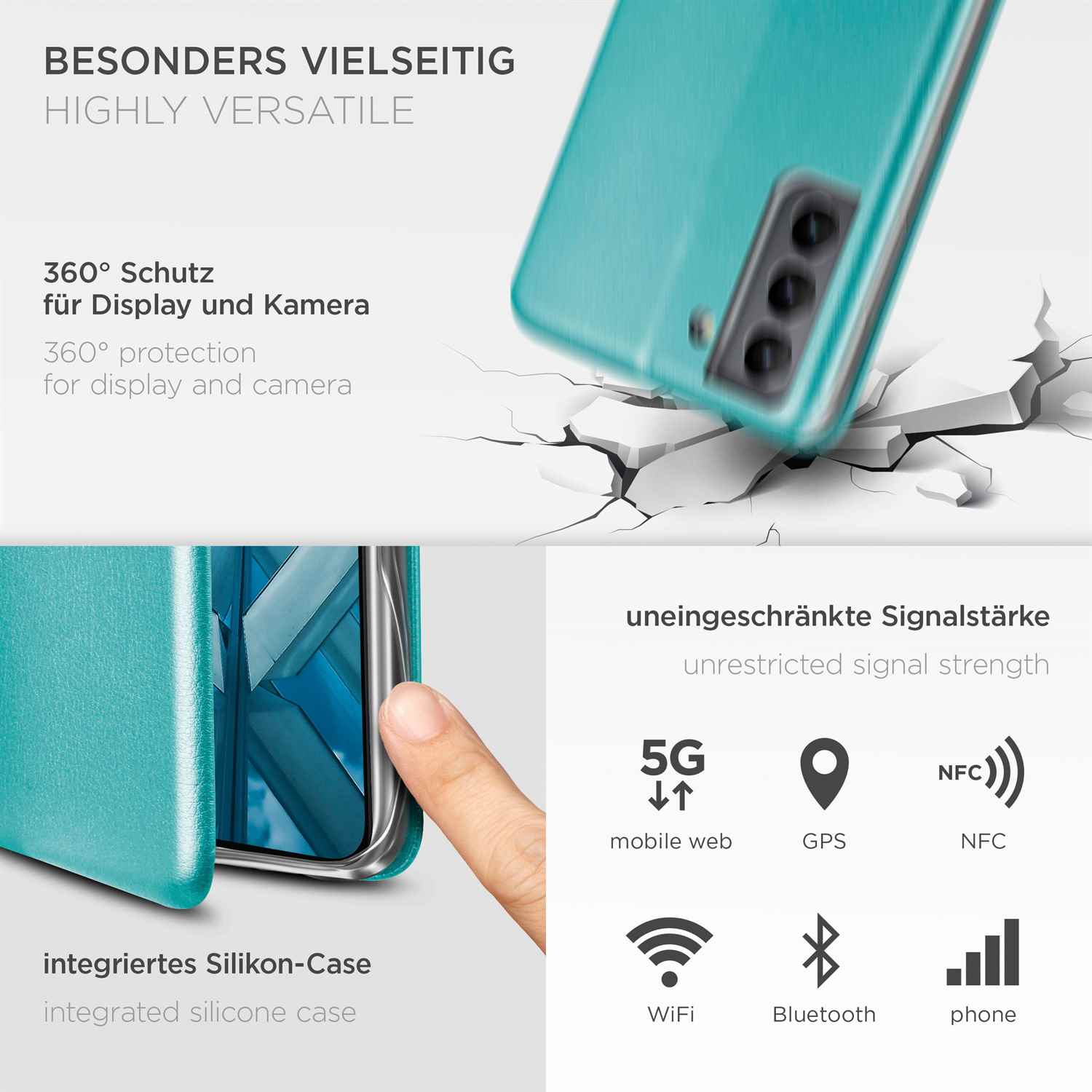 Türkisfarbene Handyhülle mit Symbolen und Text. Zeigt Handy, WLAN, GPS, NFC und 5G-Symbole.