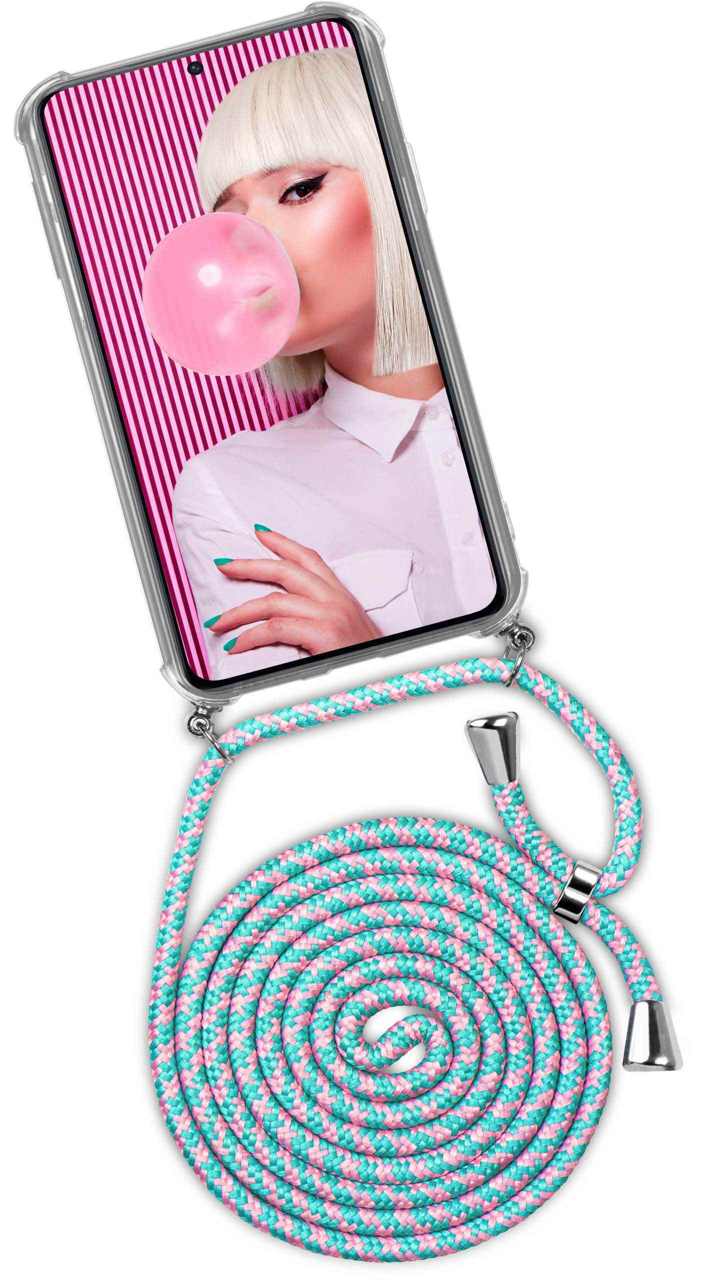 Telefon mit Frau, die Blase bläst, türkises Kabel.