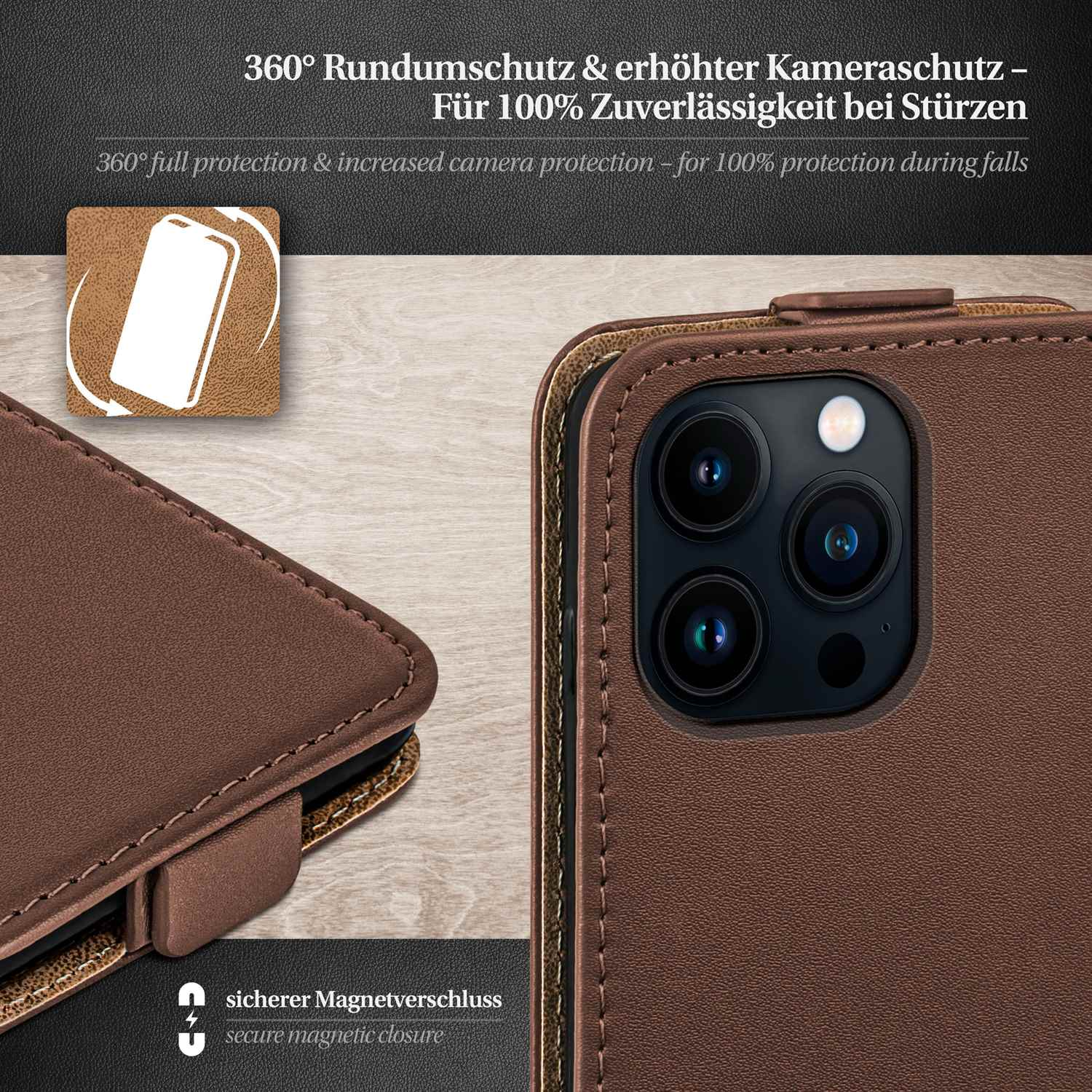Offene braune Handyhülle mit Magnetverschluss. Text: '360° Rundumschutz & erhöhter Kameraschutz'.