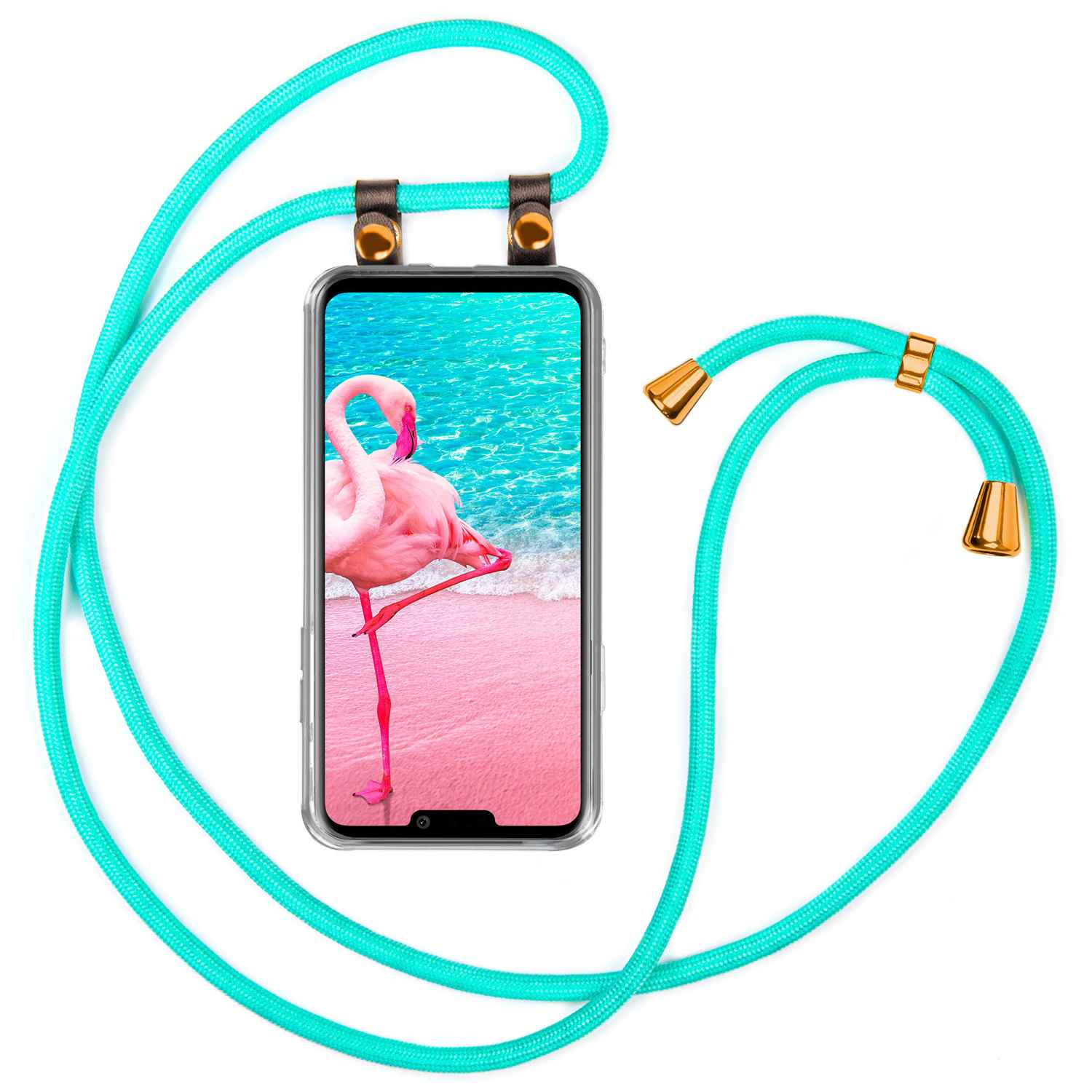 Telefon mit Hülle und türkisblauem Kabel, mit Bild eines Flamingos am rosa Strand.