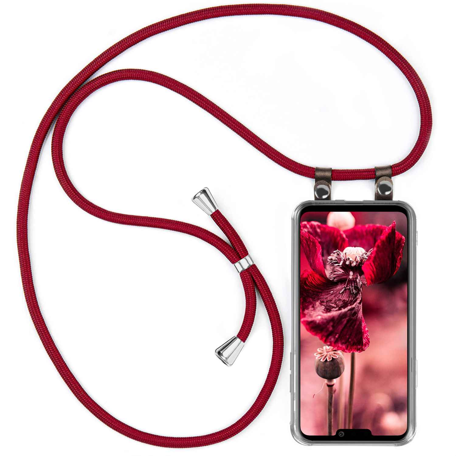 Rotes Telefonband mit Mohnblume auf dem Telefon. Rotes Seil, silberfarbene Akzente. Weißer Hintergrund.