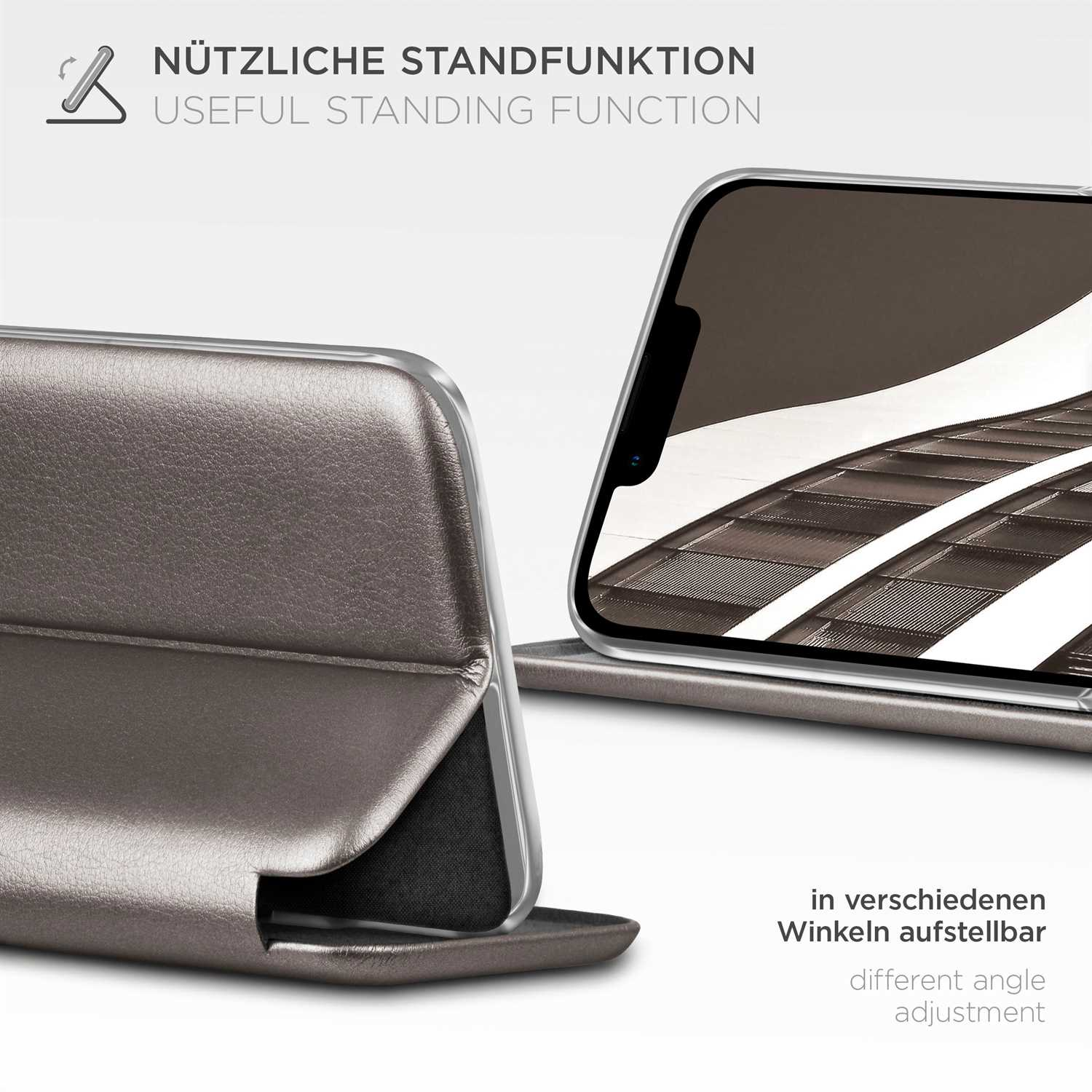 Ein Telefon in einer Hülle, mit geöffneter Hülle, die ein Gebäude auf dem Bildschirm zeigt.