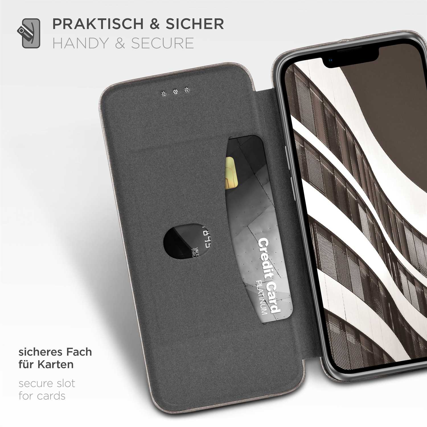 Eine offene Handyhülle mit Kreditkarte im Steckplatz. Der Text lautet 'Handy & Secure'.