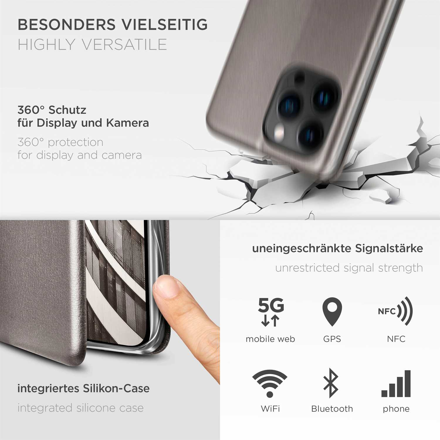 Eine silberne Handyhülle mit einem Telefon darin. Sie zeigt eine integrierte Silikonhülle. Es gibt verschiedene Symbole.