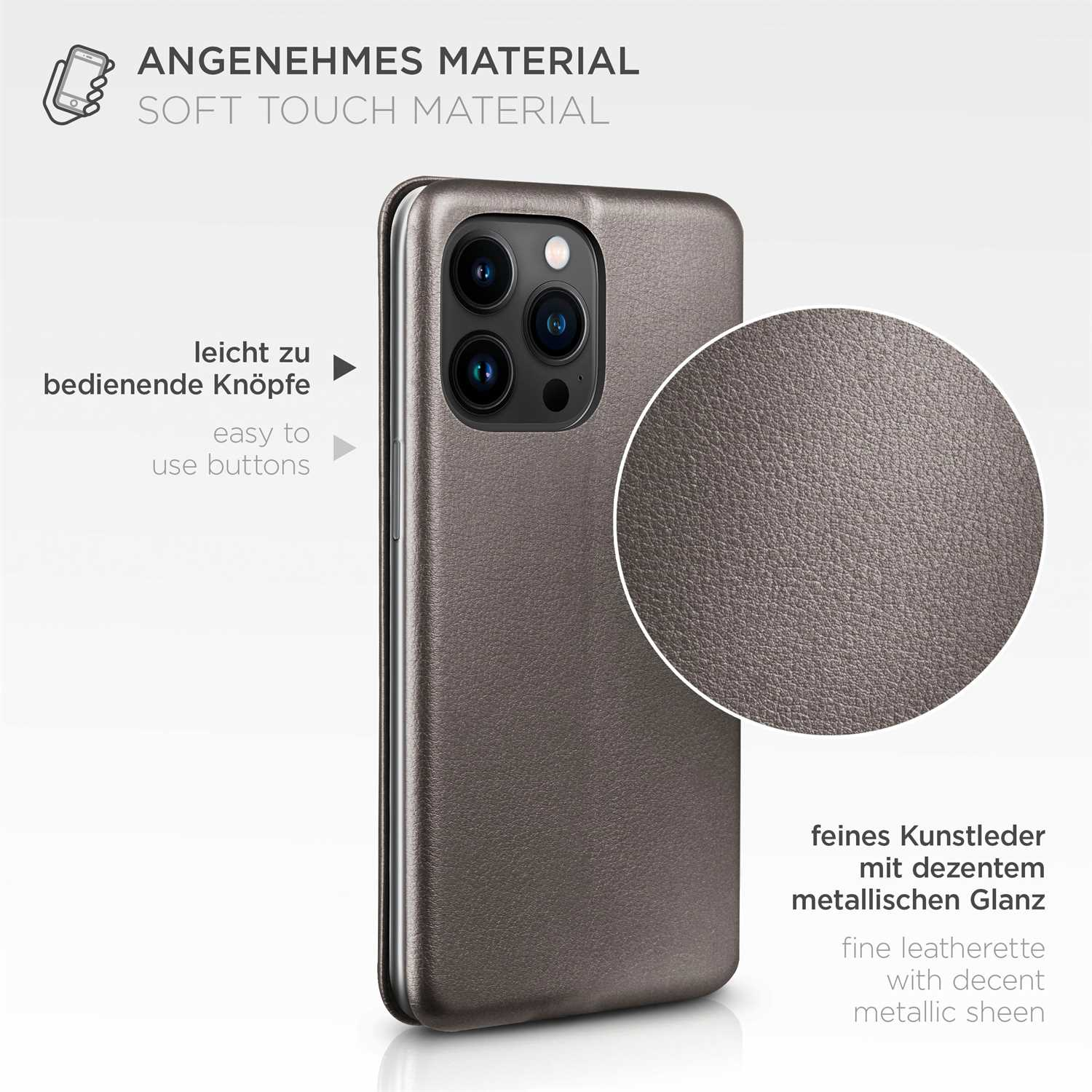 Handyhülle mit metallischem Glanz. Text: 'Soft Touch Material' und 'feines Kunstleder'.