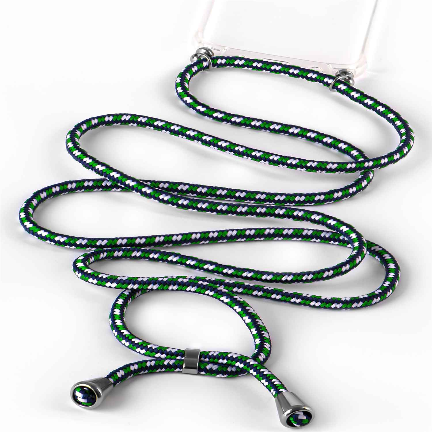 Ein Telefon-Lanyard mit grünem, blauem und weißem Webdesign mit silberfarbenen Enden.