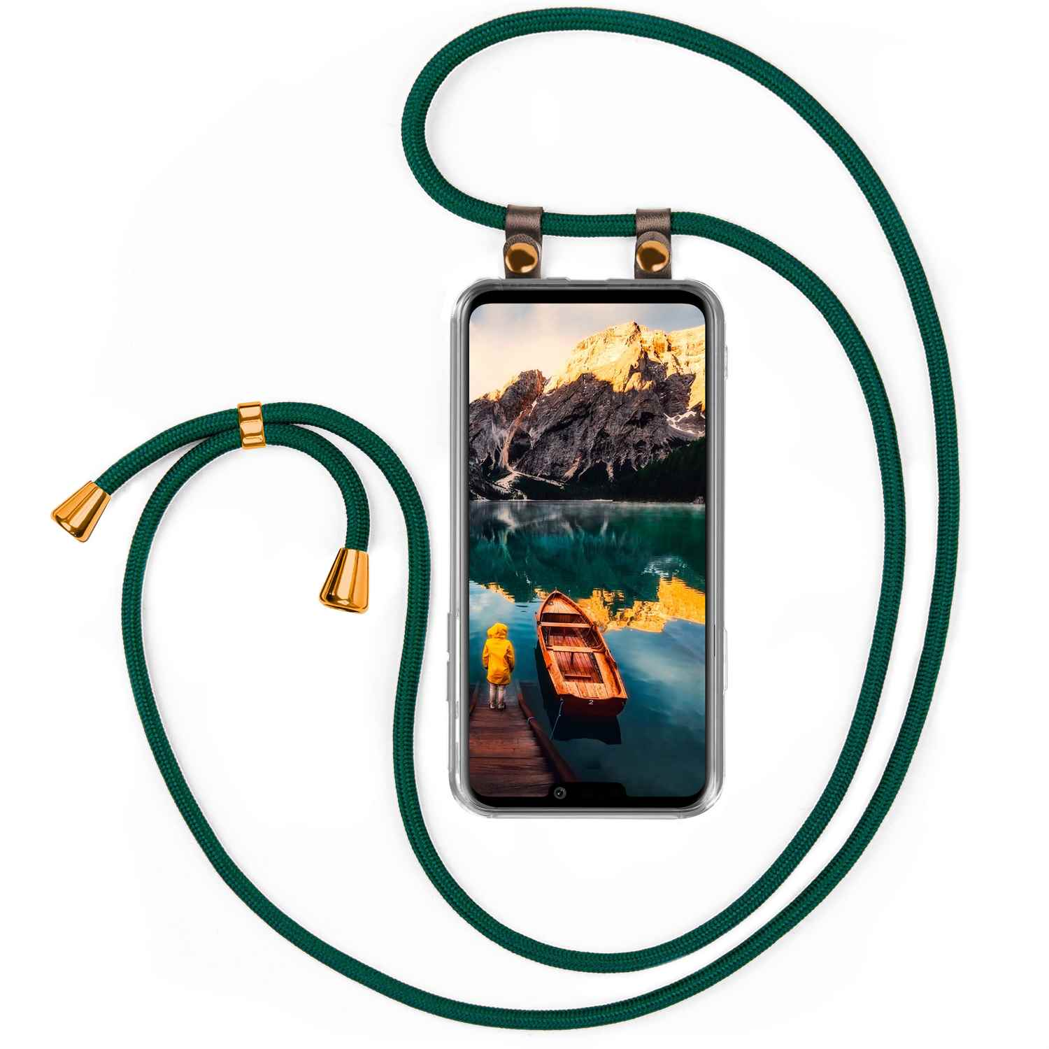 Telefon mit See und Bergen und einem gewickelten grünen Umhängeband.