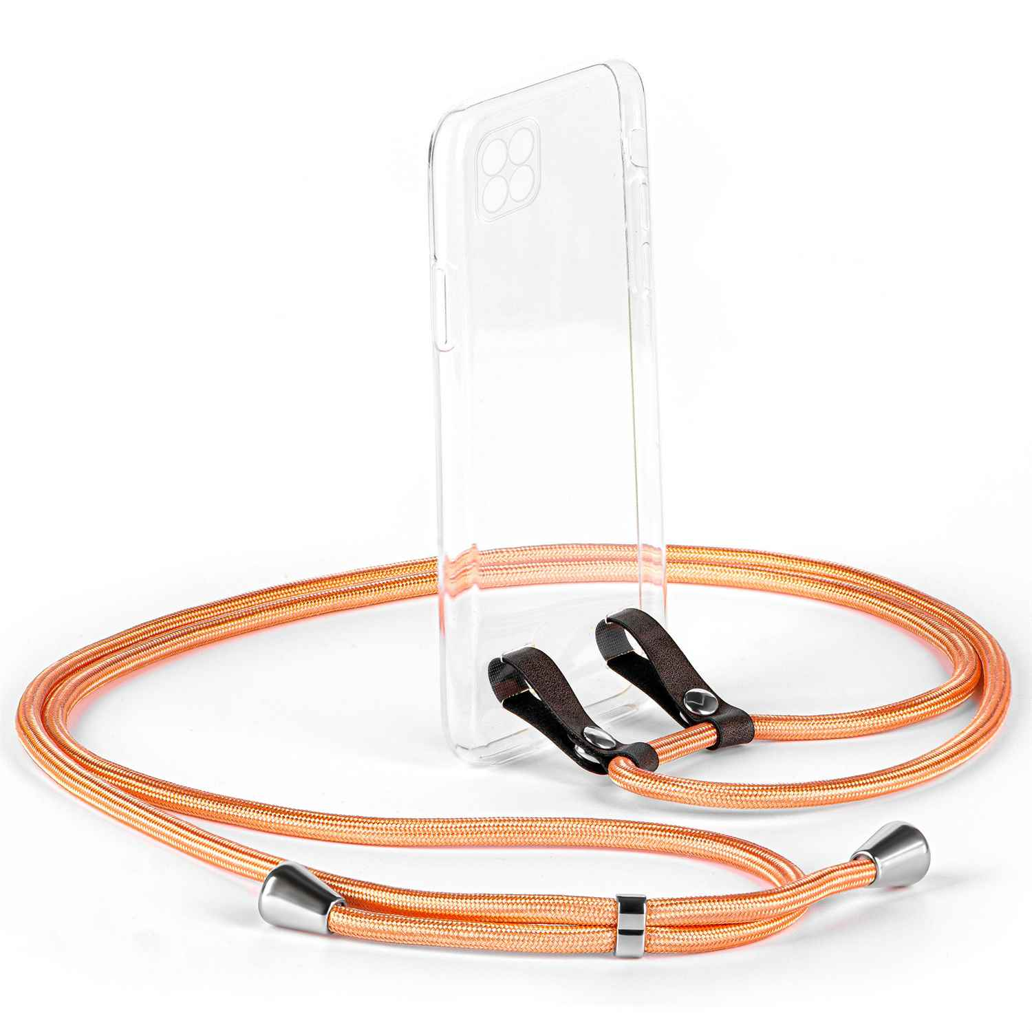 Telefon in klarer Hülle mit orangefarbener Schnur und silberner Hardware.
