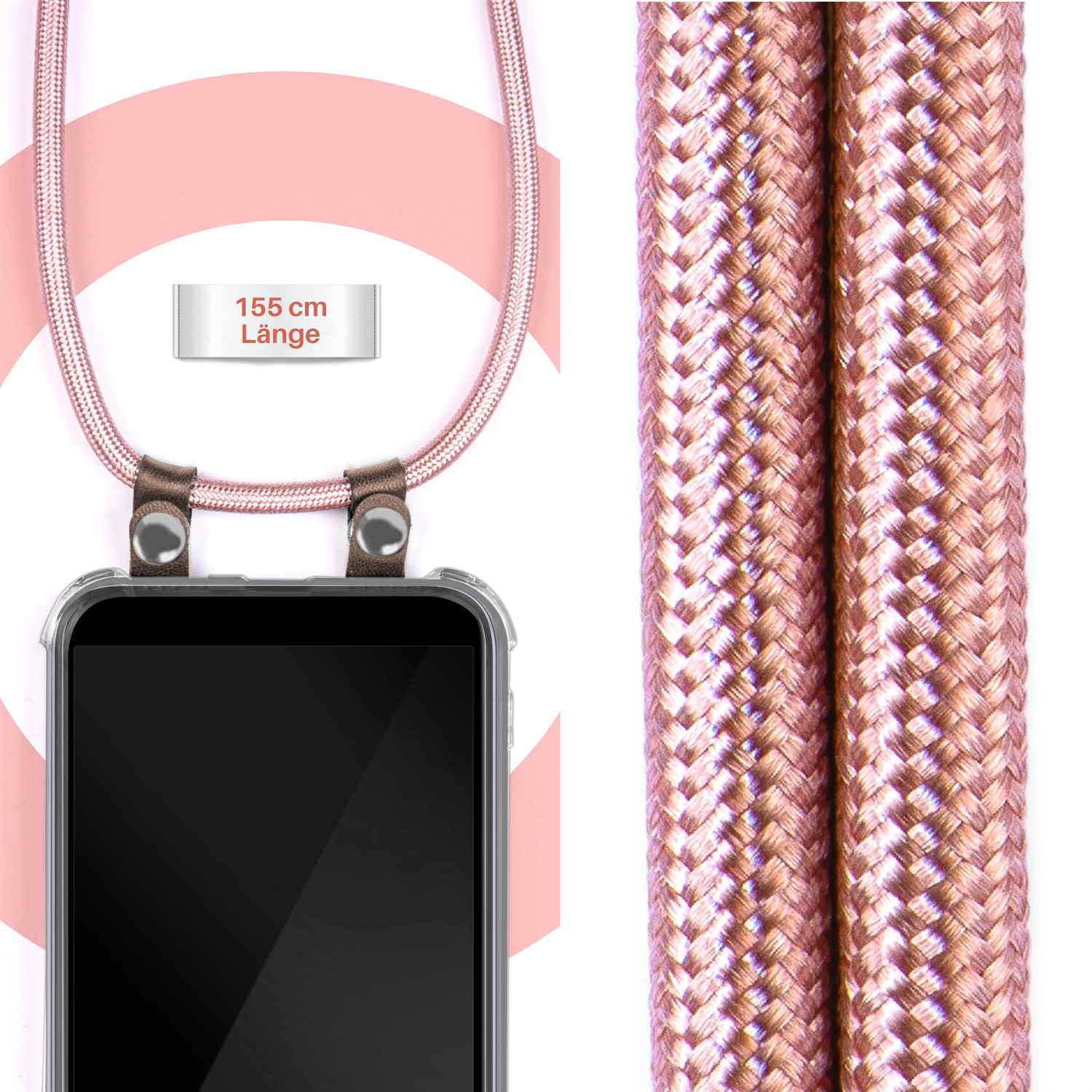 Ein Telefon mit einem rosa Telefonriemen, der die Länge des Riemens zeigt.