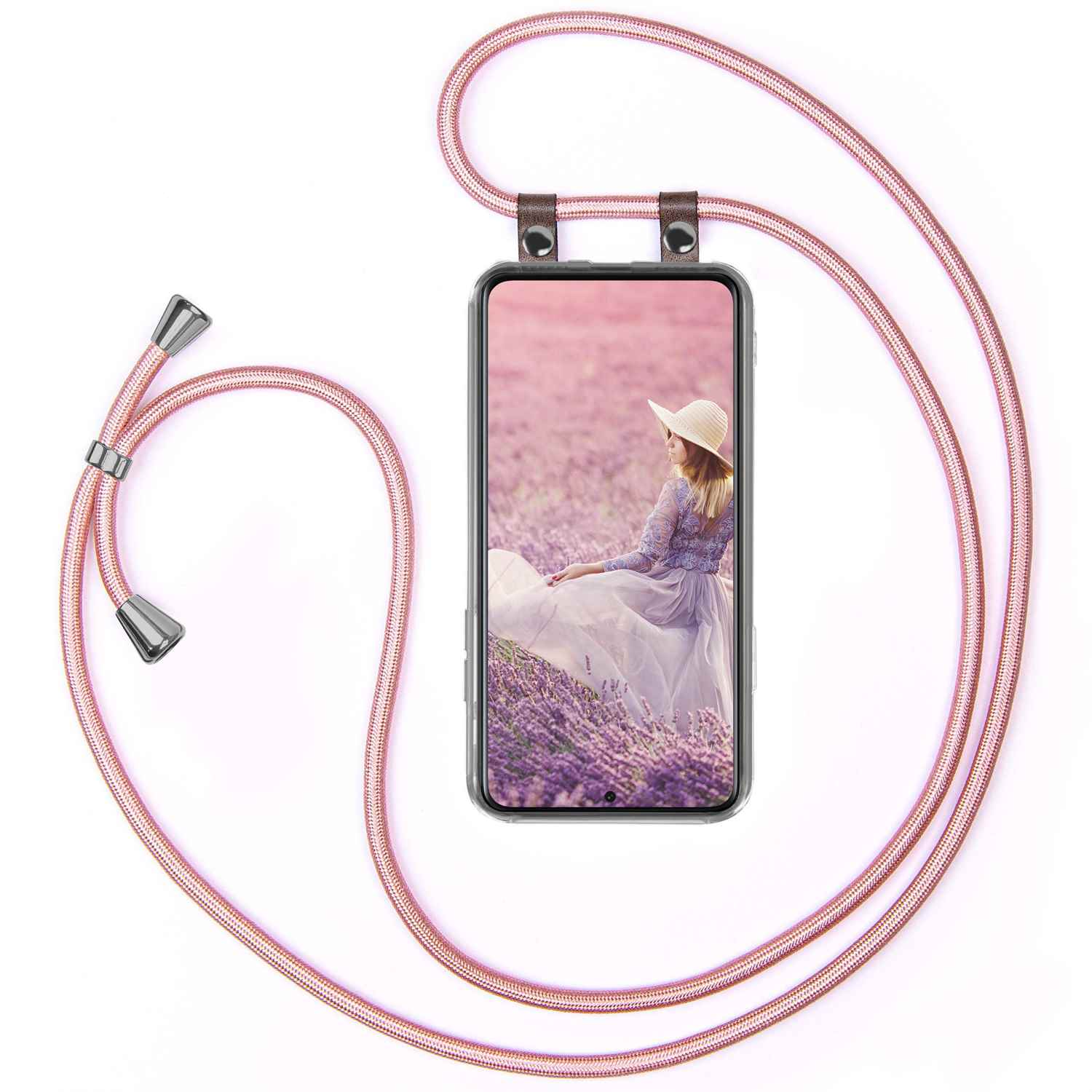 Telefon mit Hülle und rosafarbenem Kabel, mit Frau im weißen Kleid im Lavendelfeld.