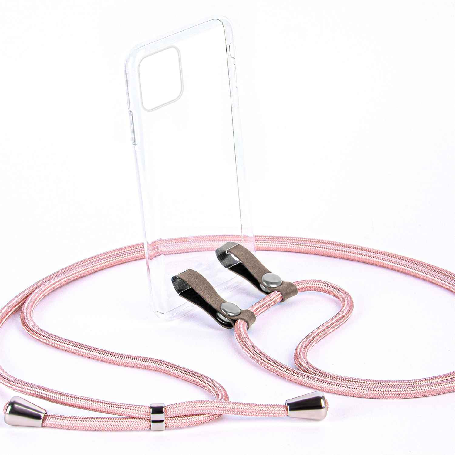 Transparente Handyhülle mit rosa Kordel. Die Kordel hat silberne Spitzen und Lederakzente.