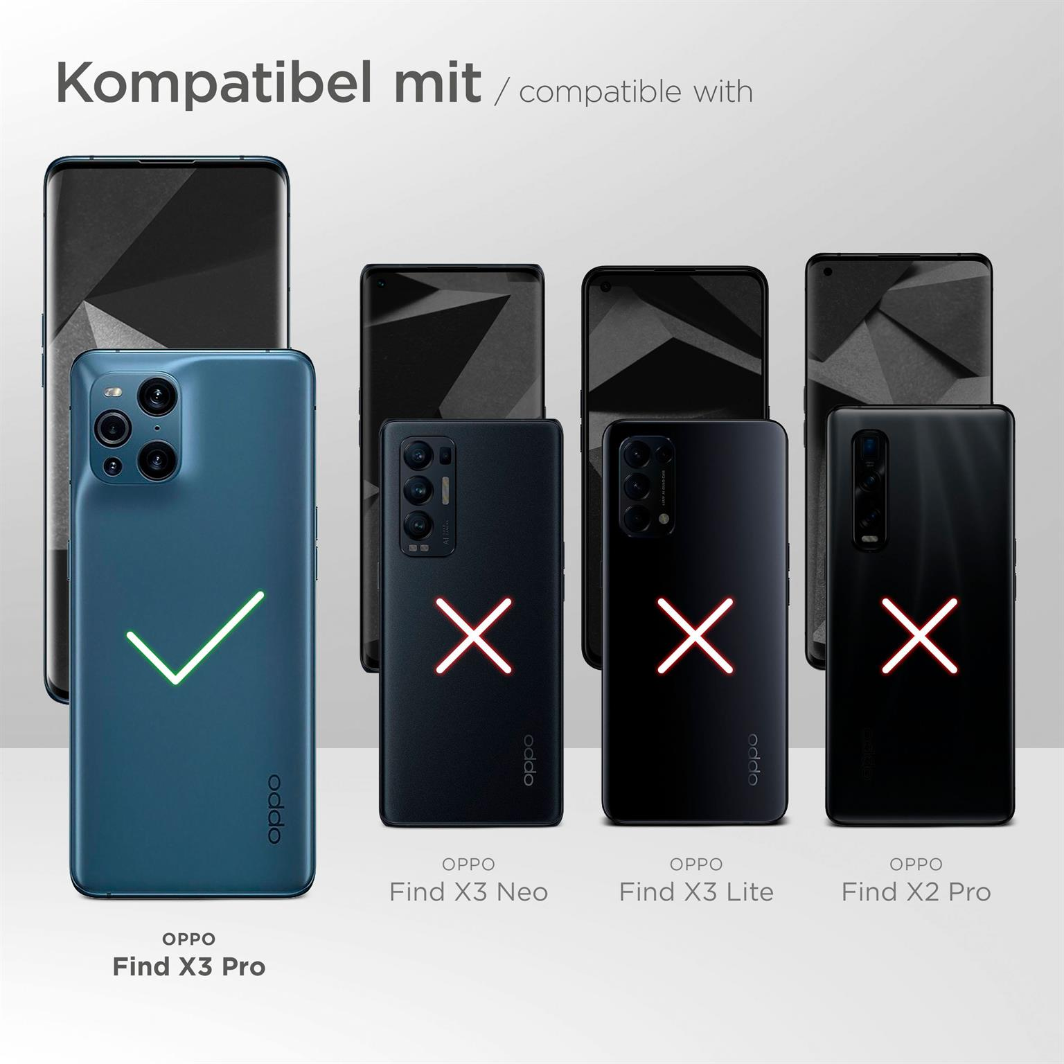 Bild zeigt Telefonmodelle mit Hüllen, Kompatibilität für Oppo Find X3 Pro wird angezeigt.