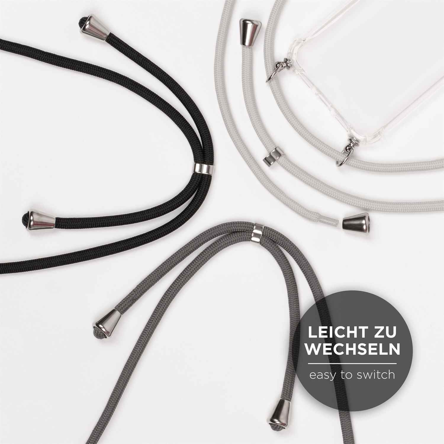 Handy-Lanyards in Schwarz, Grau und Weiß mit silberfarbenen Akzenten. Text 'Easy to switch'.