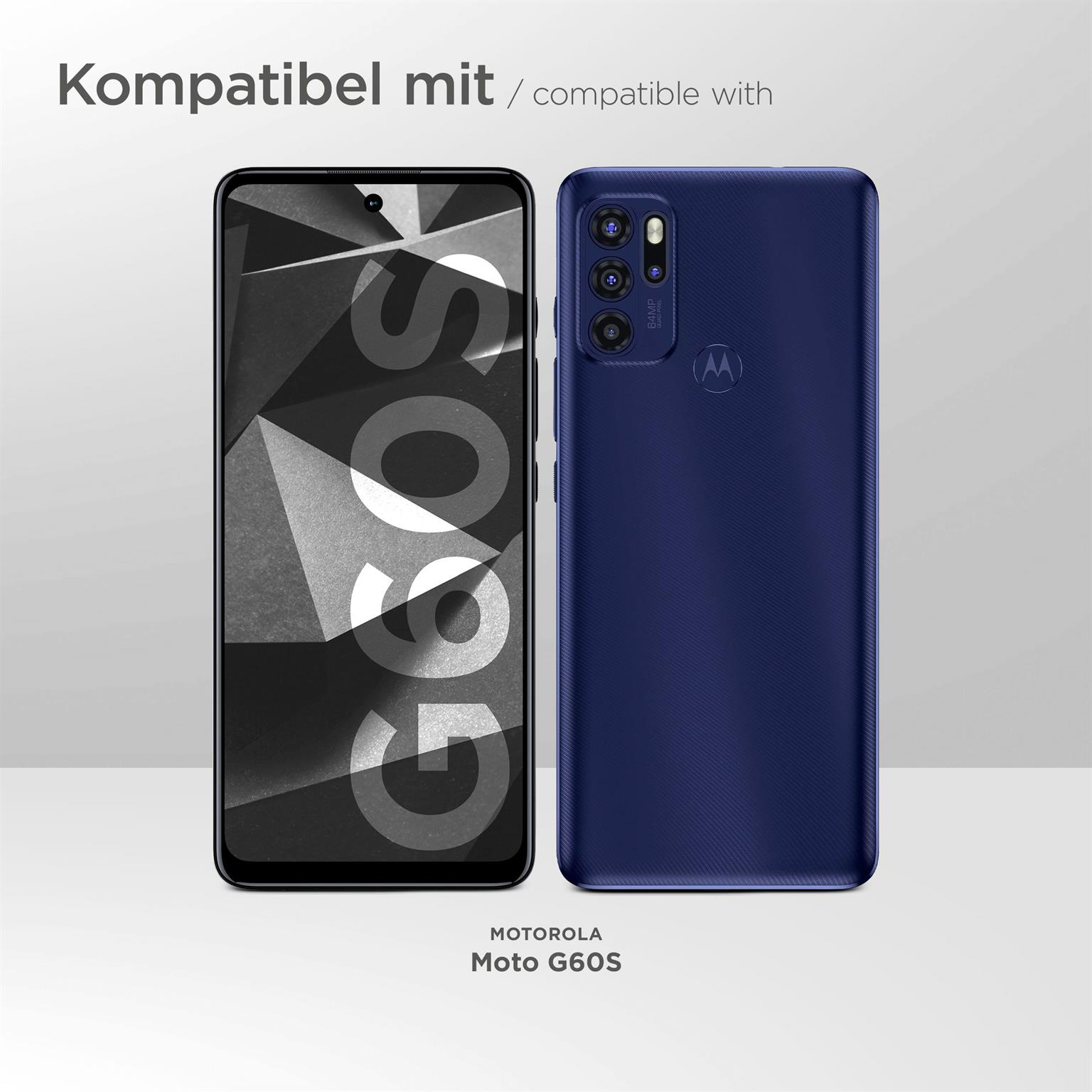 Zwei Telefone: eines mit Bildschirm und die Rückseite des anderen. Text sagt "Kompatibel mit" und Moto G60S.
