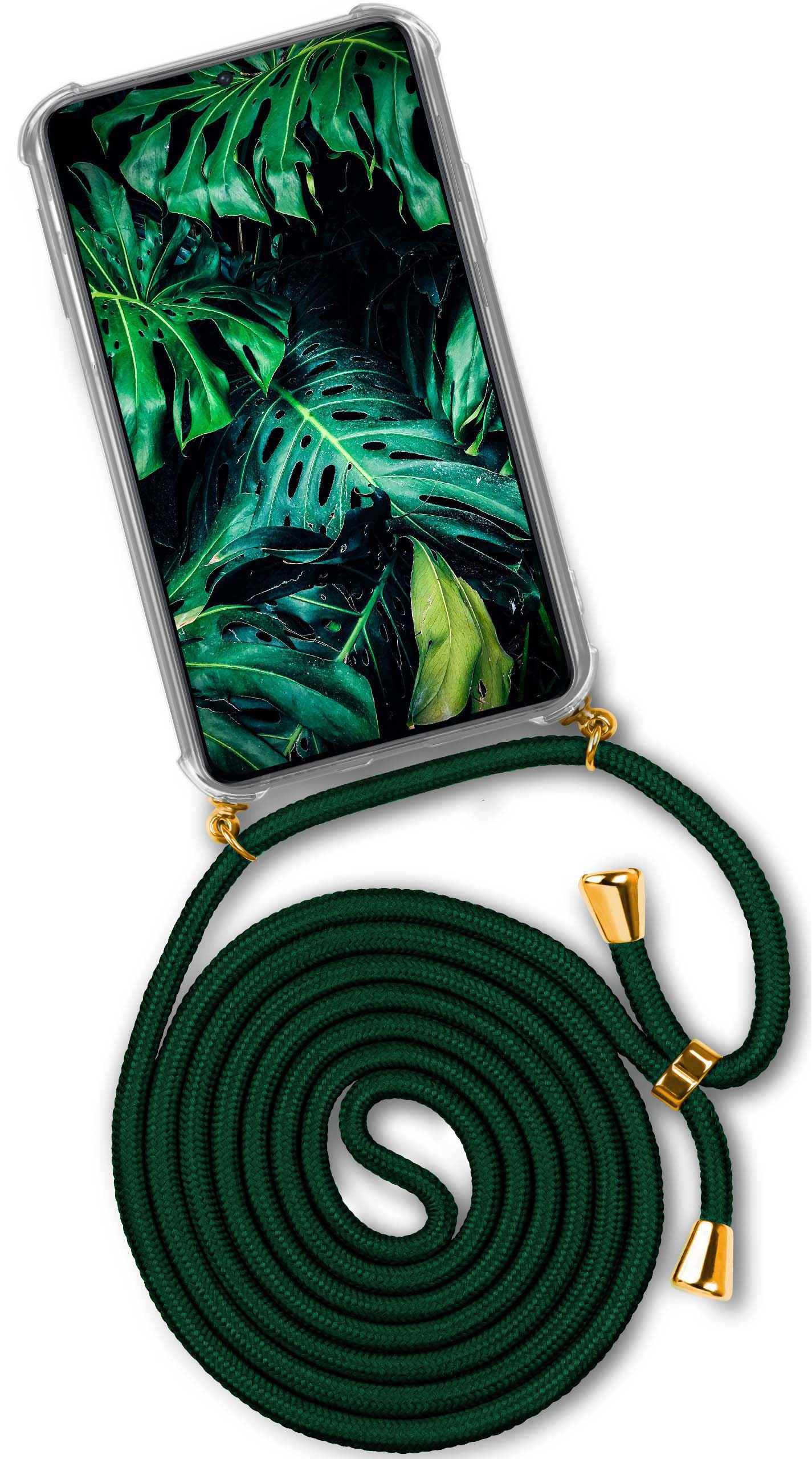 Grüne Handyhülle mit grünem Kabel. Telefonbildschirm zeigt grüne Blätter.