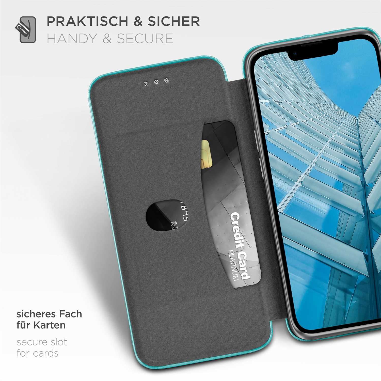 Geöffnete Handyhülle, Kreditkarte sichtbar. Text auf der Hülle lautet: Praktisch & Sicher.